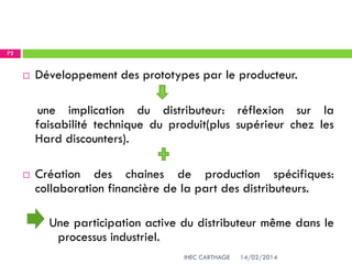 14/02/2014IHEC CARTHAGE
72
 Développement des prototypes par le producteur.
une implication du distributeur: réflexion sur la
faisabilité technique du produit(plus supérieur chez les
Hard discounters).
 Création des chaines de production spécifiques:
collaboration financière de la part des distributeurs.
Une participation active du distributeur même dans le
processus industriel.
 
