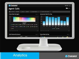 Agent Experience
• Agents can go on or offline with
the flip of a switch.
• Call history always available for
agent records.
• Agent stats available up top stating
time online today, calls per
hour, calls, transfers, and transfer
rate.
Analytics
 