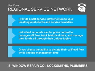 REGIONAL SERVICE NETWORK
Use Case
Provide a self-service infrastructure to your
local/regional clients and service providers.
Individual accounts can be given control to
manage call flow, track historical data, and manage
their funds all through their unique logins
Gives clients the ability to dictate their call/lead flow
while limiting management time
IE: WINDOW REPAIR CO., LOCKSMITHS, PLUMBERS
 