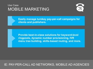 MOBILE MARKETING
Use Case
providinpay-per call solutions to clients and
publishers.
Provide best-in-class solutions for keyword-level
ringpools, dynamic number provisioning, IVR
menu tree building, skills-based routing, and more.
Easily manage turnkey pay-per-call campaigns for
clients and publishers.
IE: PAY-PER-CALL AD NETWORKS, MOBILE AD AGENCIES
 