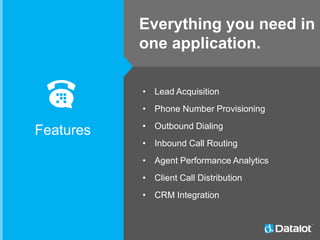 • Lead Acquisition
• Phone Number Provisioning
• Outbound Dialing
• Inbound Call Routing
• Agent Performance Analytics
• Client Call Distribution
• CRM Integration
Features
Everything you need in
one application.
 