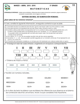 Derechos reservados GOB. EDO. DE CHIHUAHUA. SEECH. MTP. Ponemos a su disposición la página http//primarias.cetechihuahua.gob.mx
APRENDIZAJE ESPERADO: Análisis de las similitudes y diferencias entre el sistema decimal de numeración y algunos sistemas de
numeración no posicionales, como el egipcio o el romano.
SISTEMA DECIMAL DE NUMERACIÓN ROMANO.
¿Qué sabes de los números romanos?________________________________________________
_________________________________________________________________________________
 Lee y analiza la siguiente información, enseguida contesta lo que se pide.
 Investiga el valor de cada símbolo y regístrenlo en el espacio correspondiente.
 Escribir con números naturales.
 En tu libro de texto te pidieron que escribieras tres diferencias que observas en el sistema
de numeración decimal y el romano. Anota la que consideres más importante.
 Ordena de mayor a menor.
I II III IV V VI VII
VIII IX X L C D M
1) Una letra escrita a la derecha de otra de igual o de mayor valor, le suma a esta su valor.
2) Una letra escrita a la izquierda de otra de mayor valor, le resta a esta su valor.
3) La letra I sólo puede estar a la izquierda de V o X. La letra X sólo puede a la izquierda de L o C.
La letra C sólo puede estar a la izquierda de D o M. Las letras V, L y D Siempre suman y
no pueden estar a la izquierda de una letra de mayor valor. No se permiten dos letras
consecutivas restando.
4) Las letras I X C y M No se pueden escribir más de tres veces seguidas.
5) Las letras V, L, y D, No se pueden escribir seguidas en un número, entonces 10 se representa con
una X y no como VV.
6) Cuando sea necesario multiplicar un número por mil, bastaraá con colocar sobre éste un guion.
_____________________________________________________________________________
_____________________________________________________________________________
MARZO – ABRIL 2015 - 2016 5° GRADO
M A T E M Á T I C A S
11
XXV=
MDCCCXIII=
XVIII=
XXXIX=
CDXXVII=
XLVI=
CCLXIX=
CCC=
XXX=
MCMXIV=
M=
DCXVI=
 