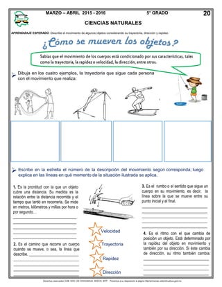 Derechos reservados GOB. EDO. DE CHIHUAHUA. SEECH. MTP. Ponemos a su disposición la página http//primarias.cetechihuahua.gob.mx


APRENDIZAJE ESPERADO: Describe el movimiento de algunos objetos considerando su trayectoria, dirección y rapidez.
Sabías que el movimiento de los cuerpos está condicionado por sus características, tales
como la trayectoria, la rapidez o velocidad, la dirección, entre otros.
Dibuja en los cuatro ejemplos, la trayectoria que sigue cada persona
con el movimiento que realiza:
1. Es la prontitud con la que un objeto
cubre una distancia. Su medida es la
relación entre la distancia recorrida y el
tiempo que tardó en recorrerla. Se mide
en metros, kilómetros y millas por hora o
por segundo…
________________________________
________________________________
________________________________
________________________________
________________________________
3. Es el rumbo o el sentido que sigue un
cuerpo en su movimiento, es decir, la
línea sobre la que se mueve entre su
punto inicial y el final.
_________________________________
_________________________________
_________________________________
_________________________________
_________________________________
_
2. Es el camino que recorre un cuerpo
cuando se mueve, o sea, la línea que
describe. _________________________
_________________________________
_________________________________
_________________________________
_________________________________
4. Es el ritmo con el que cambia de
posición un objeto. Está determinado por
la rapidez del objeto en movimiento y
también por su dirección. Si éste cambia
de dirección, su ritmo también cambia.
_________________________________
_________________________________
_________________________________
_________________________________
Velocidad
Trayectoria
Rapidez
Dirección
Escribe en la estrella el número de la descripción del movimiento según corresponda; luego
explica en las líneas en qué momento de la situación ilustrada se aplica.
MARZO – ABRIL 2015 - 2016 5° GRADO
CIENCIAS NATURALES
20
 