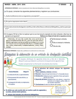 Derechos reservados GOB. EDO. DE CHIHUAHUA. SEECH. MTP. Ponemos a su disposición la página http//primarias.cetechihuahua.gob.mx
APRENDIZAJE ESPERADO: Valora la importancia de incluir referencias bibliográficas en sus textos.

1. ¿Cuál es la diferencia entre un argumento y una opinión? ______________________________________________________
____________________________________________________________________________________________________________________
___________________________________________________________________________________________________________________
2. ¿Por qué es importante incluir datos?___________________________________________________________________________
____________________________________________________________________________________________________________________
___________________________________________________________________________________________________________________
3. Como todo artículo de divulgación científica, el de tu libro lleva su referencia bibliográfica, ¿cuál es y para qué
sirve ? ___________________________________________________________________________________________________________
____________________________________________________________________________________________________________________
___________________________________________________________________________________________________________________
4. En la página 123 de tu libro te explican qué es una cita textual y ejemplos de cómo utilizarlas. ¿Qué tipo de
ejemplo es el siguiente? Rellena con el lápiz el óvalo de la respuesta correcta.

MARZO – ABRIL 2015 - 2016 5° GRADO 3
Cita textual o directa.
Cita no textual o indirecta.
Cita de cita.
APRENDIZAJE ESPERADO: Emplea citas y paráfrasis en la construcción de un texto propio.
En equipos, distribuyan los siguientes temas de su libro de C. Naturales,
Bloque IV, para que elaboren su artículo en el esquema de la siguiente hoja.
Pueden complementar la información consultando otras fuentes.
No olviden que cada sección debe ser escrita a partir de argumentos y
sus datos, además incluir opiniones.
 Incluyan citas textuales y las referencias bibliográficas.
En grupo, comenten los siguientes planteamientos y registren sus conclusiones:
1. Título, subtítulos y Autores (Ustedes).
2. Resumen. (Expresen de qué trata el tema en 2 o 3 enunciados breves)
3. Introducción. (Expliquen por qué es importante el tema y qué aspectos
del tema van a tratar.)
3. Desarrollo del tema. (Divídanlo en dos o más subtemas y apoyen la in-
formación con las imágenes, gráficas, tablas, etc.
que consideren importante)
4. Conclusiones (Escriban una reflexión sobre el tema).
En la estructura del artículo incluyan los siguientes
apartados:
 