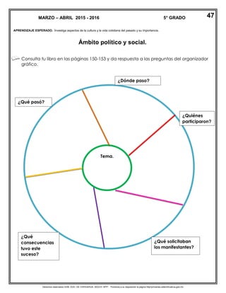 Derechos reservados GOB. EDO. DE CHIHUAHUA. SEECH. MTP. Ponemos a su disposición la página http//primarias.cetechihuahua.gob.mx
APRENDIZAJE ESPERADO. Investiga aspectos de la cultura y la vida cotidiana del pasado y su importancia.
Ámbito político y social.
Consulta tu libro en las páginas 150-153 y da respuesta a las preguntas del organizador
gráfico.
Tema.
¿Qué pasó?
¿Dónde paso?
¿Quiénes
participaron?
¿Qué solicitaban
los manifestantes?
¿Qué
consecuencias
tuvo este
suceso?
MARZO – ABRIL 2015 - 2016 5° GRADO 47
 