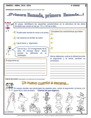 Derechos reservados GOB. EDO. DE CHIHUAHUA. SEECH. MTP. Ponemos a su disposición la página http//primarias.cetechihuahua.gob.mx
APRENDIZAJE ESPERADO: Conoce la estructura de una obra de teatro.
En grupo, identifiquen las siguientes características en la estructura de las obras
de teatro que vienen en las pp. 131 y 132 de tu libro:
MARZO – ABRIL 2015 - 2016 5° GRADO 5
Puede estar escrita en verso o en prosa.
Las escenas se dividen en actos.
Lleva trama y argumento.
Completen las características que faltan:
Lee en la p. 131 el argumento de la
obra “El príncipe Rana”, ahora
escribe su definición en el
rectángulo.
El argumento es:
________________________________________
________________________________________
________________________________________
________________________________________
________________________________________
______________________
Ahora reflexionen cuál es la diferencia entre
el argumento y la trama; escriban su
conclusión:
___________________________________
___________________________________
___________________________________
___________________________________
___________________________________
___________________________________
___________________________________
TEMA DE REFLEXIÓN: Estereotipos en la construcción de los personajes.
En equipo decidan qué personajes les agradan para armar el argumento, la trama y el
guión de su obra de teatro. Colorea los que eligieron.
La Llorona
 