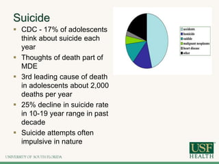 Suicide
 CDC - 17% of adolescents
think about suicide each
year
 Thoughts of death part of
MDE
 3rd leading cause of death
in adolescents about 2,000
deaths per year
 25% decline in suicide rate
in 10-19 year range in past
decade
 Suicide attempts often
impulsive in nature
 