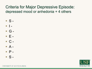 Criteria for Major Depressive Episode:
depressed mood or anhedonia + 4 others
 S -
 I -
 G -
 E -
 C -
 A -
 P -
 S -
 