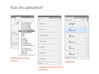 Как это делается?




Добавляем кнопки,
ссылки                                          собираем,

                    ...и другие интерактивные
                    элементы,
 