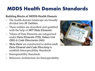 MDDS Health Domain Standards
Building Blocks of MDDS Health Domain
o The health domain landscape are broadly
divided into 39 Entities.
o These entities are described and qualified
with the help of 1077 Data Elements.
o Values of Data Elements are categorized
under Data Elements (735), Values List
(201) & Code Directories (141)
o Meta Data are constructed to define each
Data Element and Code Directory to
establish Interoperability Standards
o Interoperability Standards
o Reference Architecture for Interoperability
 