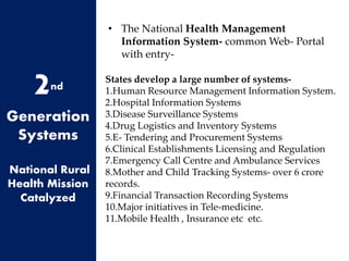 • The National Health Management
Information System- common Web- Portal
with entry-
States develop a large number of systems-
1.Human Resource Management Information System.
2.Hospital Information Systems
3.Disease Surveillance Systems
4.Drug Logistics and Inventory Systems
5.E- Tendering and Procurement Systems
6.Clinical Establishments Licensing and Regulation
7.Emergency Call Centre and Ambulance Services
8.Mother and Child Tracking Systems- over 6 crore
records.
9.Financial Transaction Recording Systems
10.Major initiatives in Tele-medicine.
11.Mobile Health , Insurance etc etc.
2nd
Generation
Systems
National Rural
Health Mission
Catalyzed
 