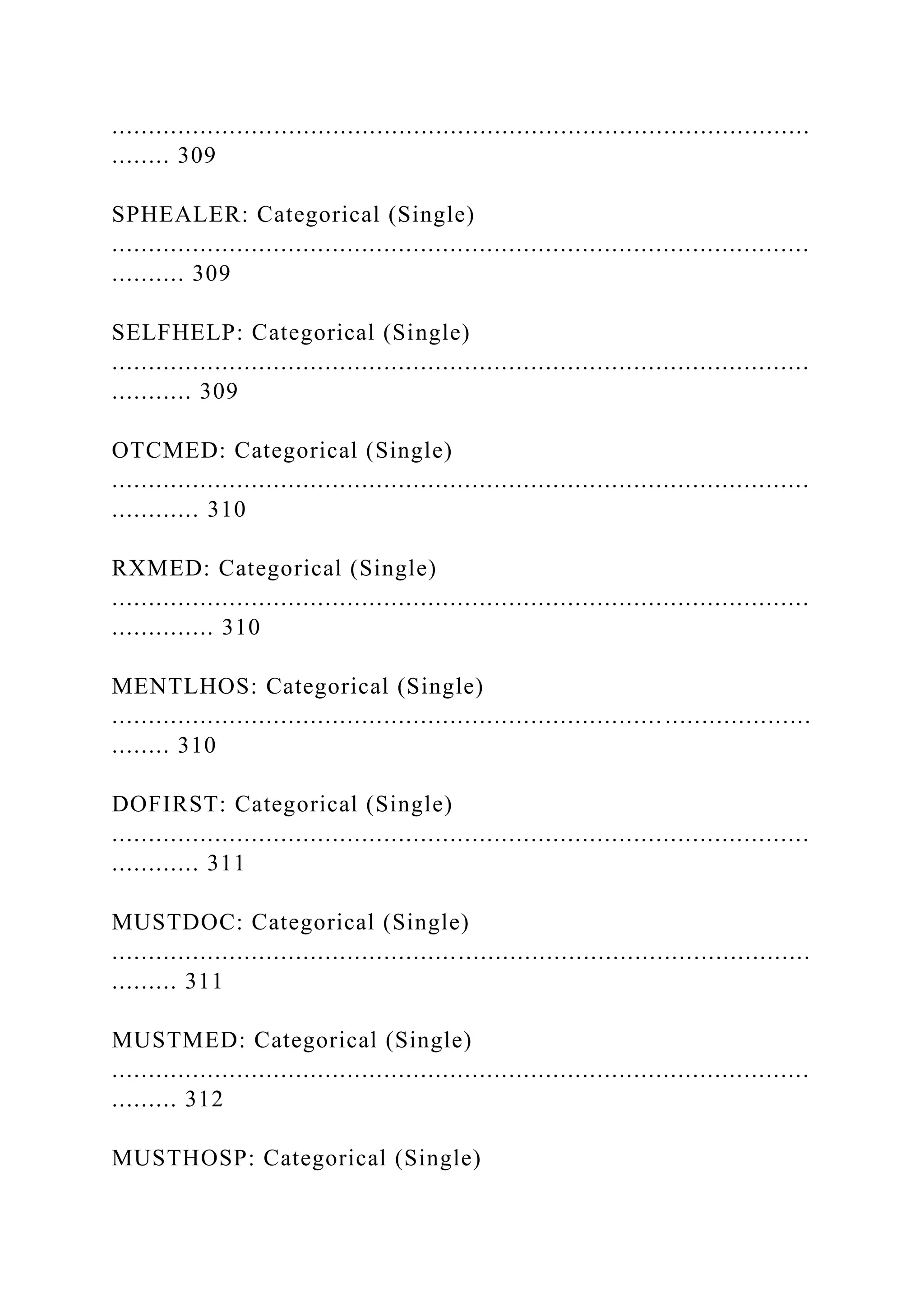 ...............................................................................................
........ 309
SPHEALER: Categorical (Single)
...............................................................................................
.......... 309
SELFHELP: Categorical (Single)
...............................................................................................
........... 309
OTCMED: Categorical (Single)
...............................................................................................
............ 310
RXMED: Categorical (Single)
...............................................................................................
.............. 310
MENTLHOS: Categorical (Single)
...............................................................................................
........ 310
DOFIRST: Categorical (Single)
...............................................................................................
............ 311
MUSTDOC: Categorical (Single)
...............................................................................................
......... 311
MUSTMED: Categorical (Single)
...............................................................................................
......... 312
MUSTHOSP: Categorical (Single)
 