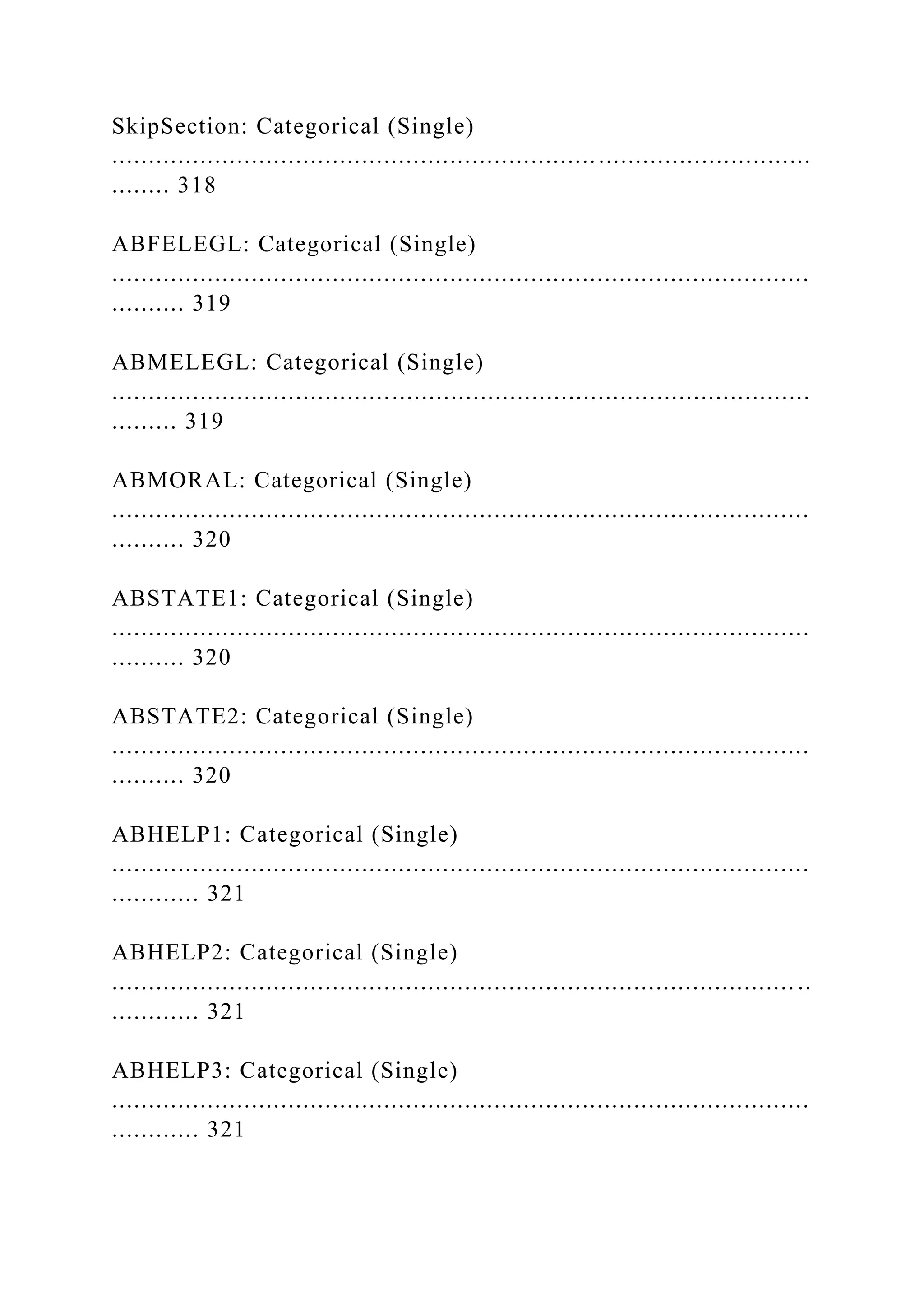 SkipSection: Categorical (Single)
...............................................................................................
........ 318
ABFELEGL: Categorical (Single)
...............................................................................................
.......... 319
ABMELEGL: Categorical (Single)
...............................................................................................
......... 319
ABMORAL: Categorical (Single)
...............................................................................................
.......... 320
ABSTATE1: Categorical (Single)
...............................................................................................
.......... 320
ABSTATE2: Categorical (Single)
...............................................................................................
.......... 320
ABHELP1: Categorical (Single)
...............................................................................................
............ 321
ABHELP2: Categorical (Single)
............................................................................................. ..
............ 321
ABHELP3: Categorical (Single)
...............................................................................................
............ 321
 