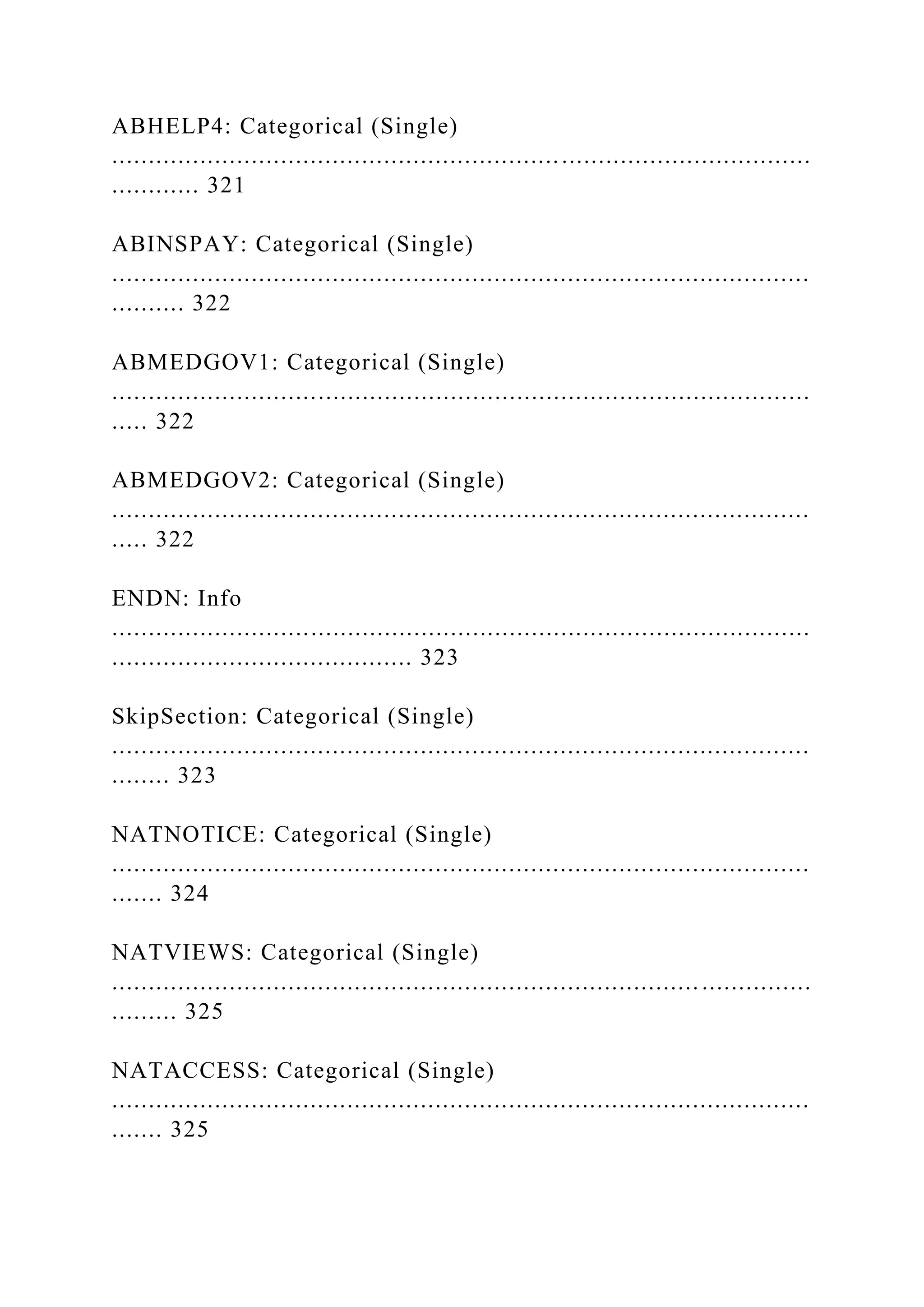 ABHELP4: Categorical (Single)
...............................................................................................
............ 321
ABINSPAY: Categorical (Single)
...............................................................................................
.......... 322
ABMEDGOV1: Categorical (Single)
...............................................................................................
..... 322
ABMEDGOV2: Categorical (Single)
...............................................................................................
..... 322
ENDN: Info
...............................................................................................
......................................... 323
SkipSection: Categorical (Single)
...............................................................................................
........ 323
NATNOTICE: Categorical (Single)
...............................................................................................
....... 324
NATVIEWS: Categorical (Single)
................................................................................ ...............
......... 325
NATACCESS: Categorical (Single)
...............................................................................................
....... 325
 