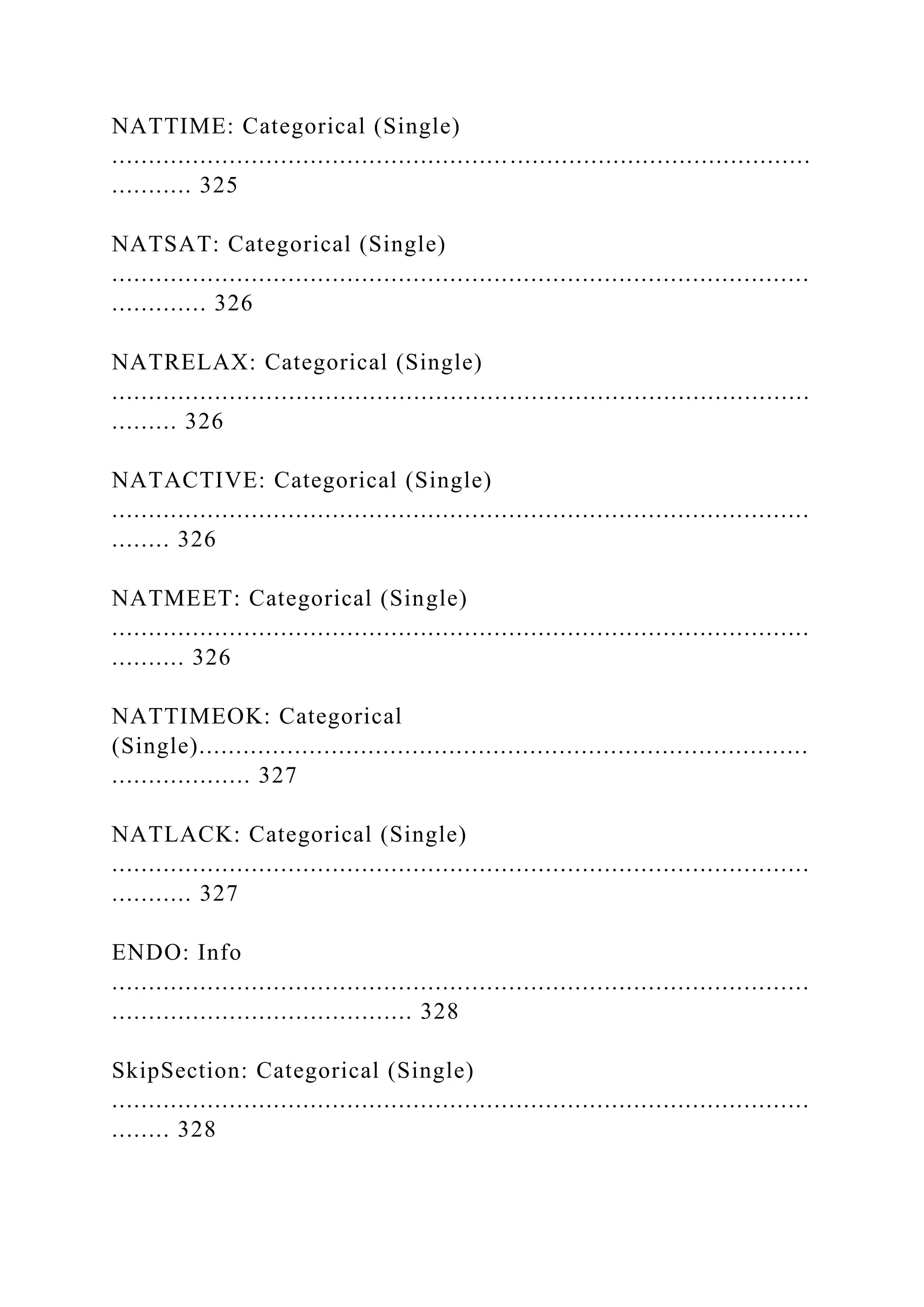 NATTIME: Categorical (Single)
...............................................................................................
........... 325
NATSAT: Categorical (Single)
...............................................................................................
............. 326
NATRELAX: Categorical (Single)
...............................................................................................
......... 326
NATACTIVE: Categorical (Single)
...............................................................................................
........ 326
NATMEET: Categorical (Single)
...............................................................................................
.......... 326
NATTIMEOK: Categorical
(Single)...................................................................................
................... 327
NATLACK: Categorical (Single)
...............................................................................................
........... 327
ENDO: Info
...............................................................................................
......................................... 328
SkipSection: Categorical (Single)
...............................................................................................
........ 328
 
