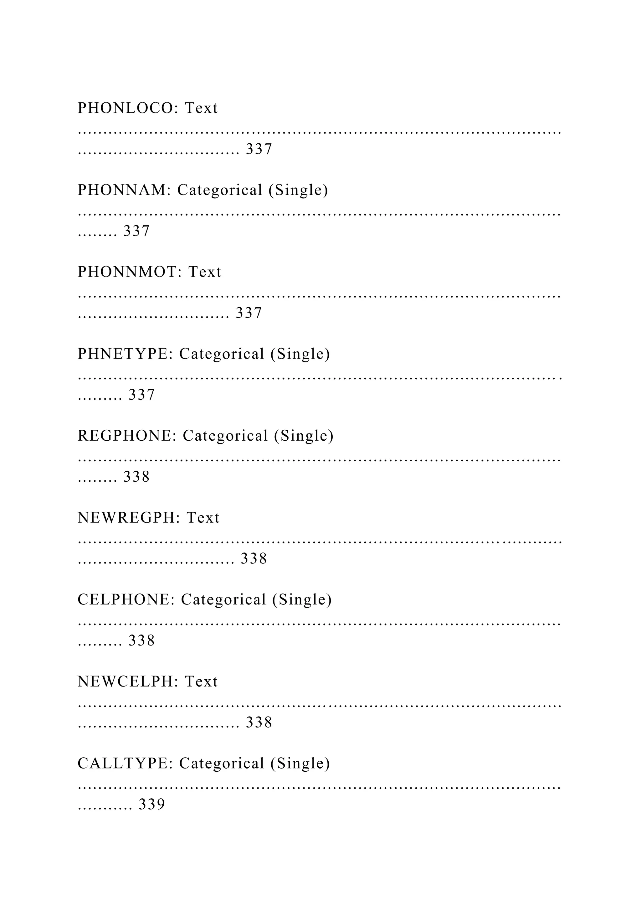 PHONLOCO: Text
...............................................................................................
................................ 337
PHONNAM: Categorical (Single)
...............................................................................................
........ 337
PHONNMOT: Text
...............................................................................................
.............................. 337
PHNETYPE: Categorical (Single)
.............................................................................................. .
......... 337
REGPHONE: Categorical (Single)
...............................................................................................
........ 338
NEWREGPH: Text
...............................................................................................
............................... 338
CELPHONE: Categorical (Single)
...............................................................................................
......... 338
NEWCELPH: Text
...............................................................................................
................................ 338
CALLTYPE: Categorical (Single)
...............................................................................................
........... 339
 
