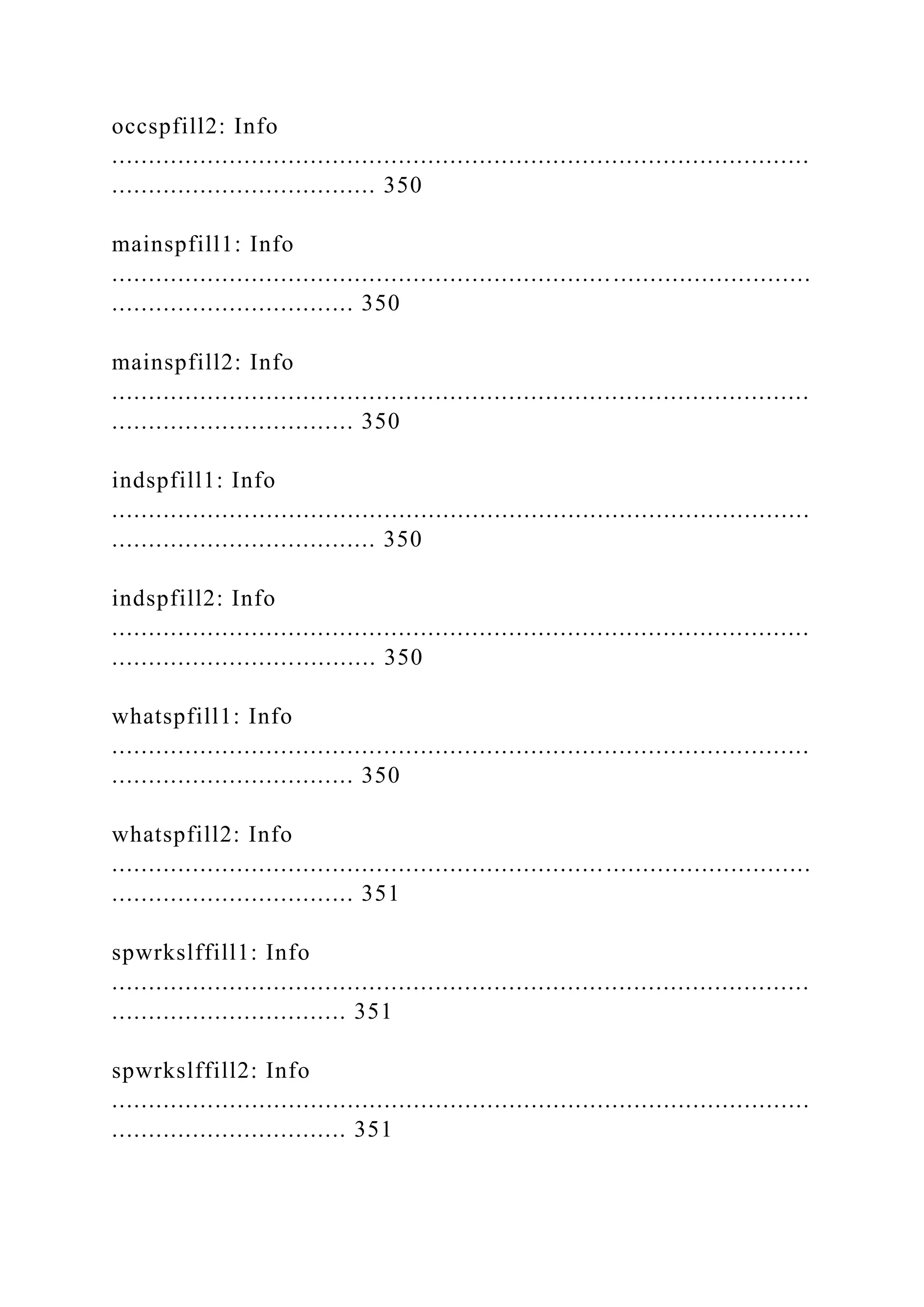 occspfill2: Info
...............................................................................................
.................................... 350
mainspfill1: Info
...............................................................................................
................................. 350
mainspfill2: Info
...............................................................................................
................................. 350
indspfill1: Info
...............................................................................................
.................................... 350
indspfill2: Info
...............................................................................................
.................................... 350
whatspfill1: Info
...............................................................................................
................................. 350
whatspfill2: Info
...............................................................................................
................................. 351
spwrkslffill1: Info
...............................................................................................
................................ 351
spwrkslffill2: Info
...............................................................................................
................................ 351
 
