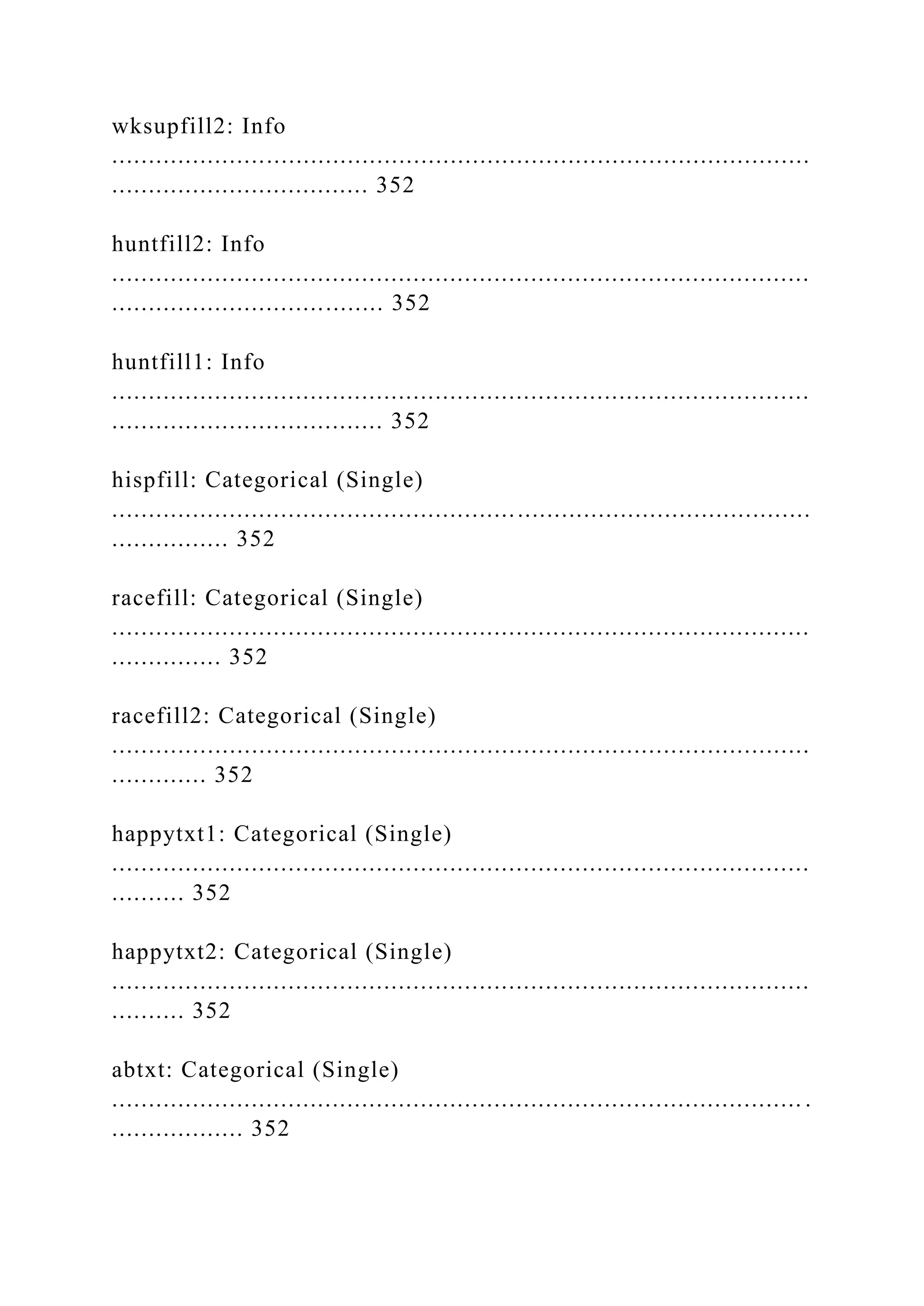 wksupfill2: Info
...............................................................................................
................................... 352
huntfill2: Info
...............................................................................................
..................................... 352
huntfill1: Info
...............................................................................................
..................................... 352
hispfill: Categorical (Single)
...............................................................................................
................ 352
racefill: Categorical (Single)
...............................................................................................
............... 352
racefill2: Categorical (Single)
...............................................................................................
............. 352
happytxt1: Categorical (Single)
...............................................................................................
.......... 352
happytxt2: Categorical (Single)
...............................................................................................
.......... 352
abtxt: Categorical (Single)
.............................................................................................. .
.................. 352
 