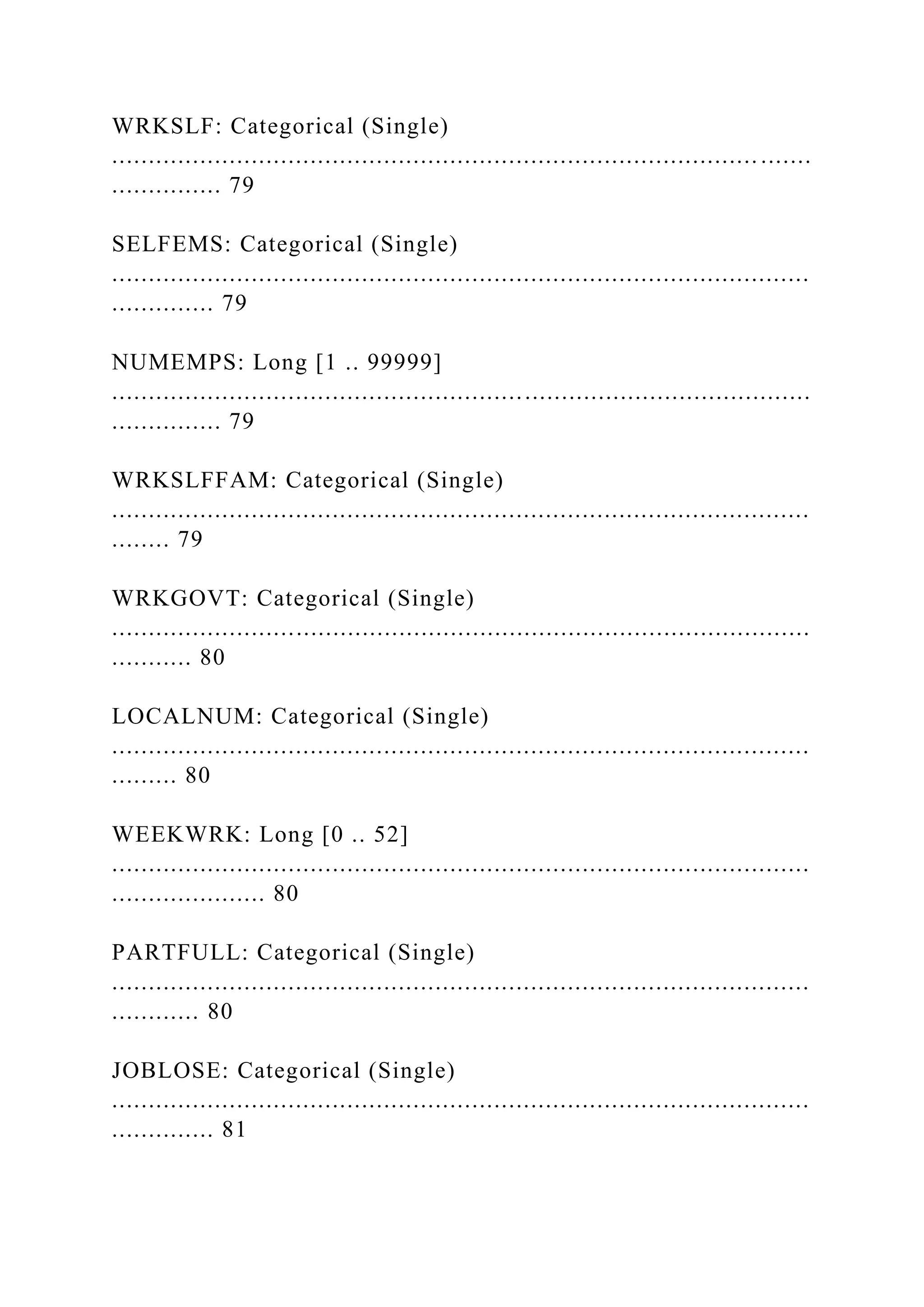 WRKSLF: Categorical (Single)
........................................................................................ .......
............... 79
SELFEMS: Categorical (Single)
...............................................................................................
.............. 79
NUMEMPS: Long [1 .. 99999]
...............................................................................................
............... 79
WRKSLFFAM: Categorical (Single)
...............................................................................................
........ 79
WRKGOVT: Categorical (Single)
...............................................................................................
........... 80
LOCALNUM: Categorical (Single)
...............................................................................................
......... 80
WEEKWRK: Long [0 .. 52]
...............................................................................................
..................... 80
PARTFULL: Categorical (Single)
...............................................................................................
............ 80
JOBLOSE: Categorical (Single)
...............................................................................................
.............. 81
 