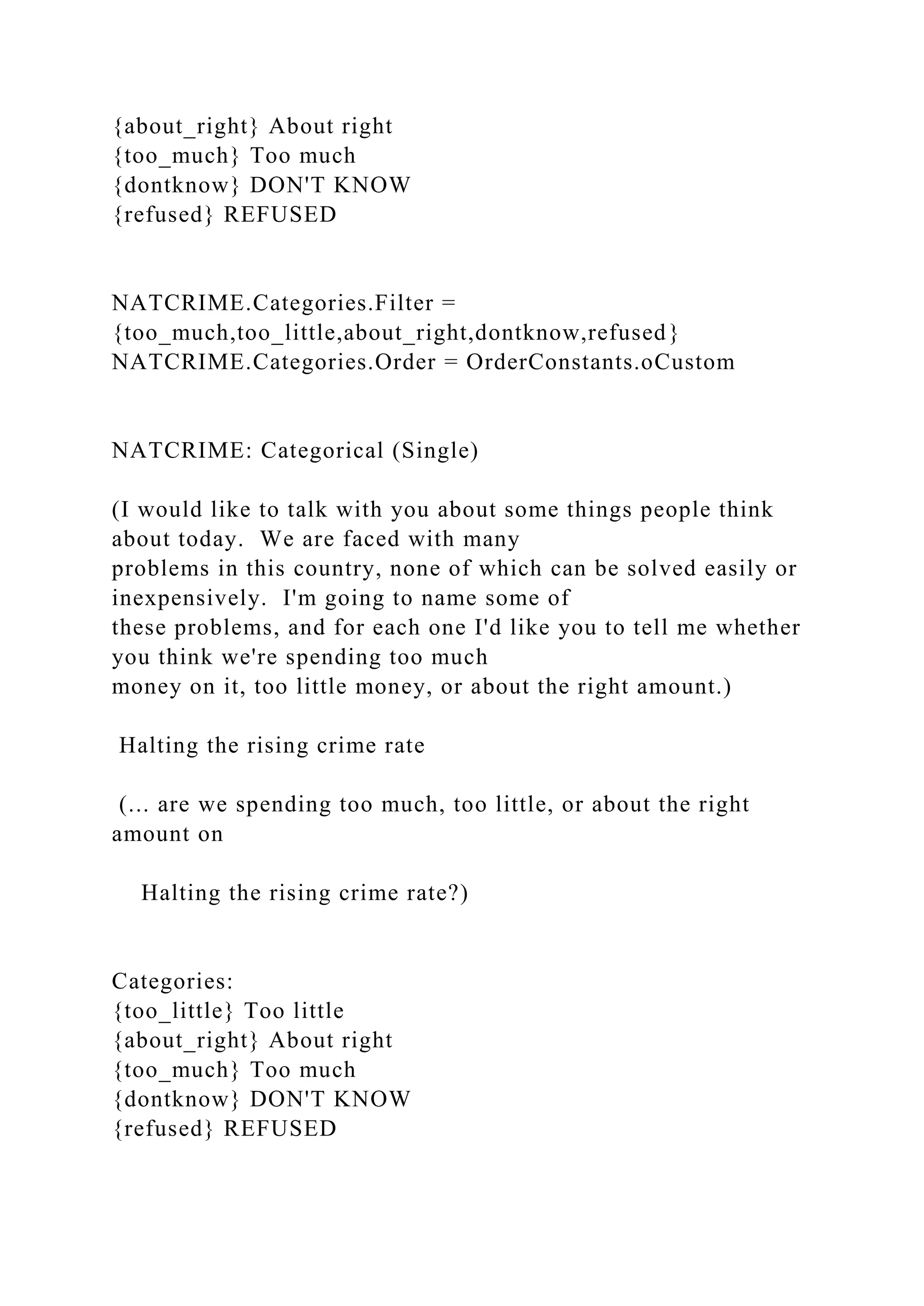 {about_right} About right
{too_much} Too much
{dontknow} DON'T KNOW
{refused} REFUSED
NATCRIME.Categories.Filter =
{too_much,too_little,about_right,dontknow,refused}
NATCRIME.Categories.Order = OrderConstants.oCustom
NATCRIME: Categorical (Single)
(I would like to talk with you about some things people think
about today. We are faced with many
problems in this country, none of which can be solved easily or
inexpensively. I'm going to name some of
these problems, and for each one I'd like you to tell me whether
you think we're spending too much
money on it, too little money, or about the right amount.)
Halting the rising crime rate
(... are we spending too much, too little, or about the right
amount on
Halting the rising crime rate?)
Categories:
{too_little} Too little
{about_right} About right
{too_much} Too much
{dontknow} DON'T KNOW
{refused} REFUSED
 