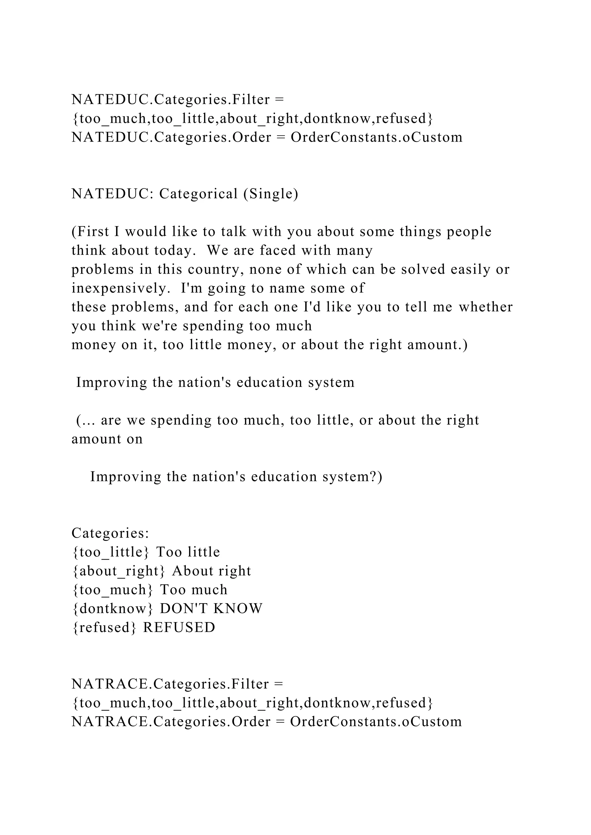 NATEDUC.Categories.Filter =
{too_much,too_little,about_right,dontknow,refused}
NATEDUC.Categories.Order = OrderConstants.oCustom
NATEDUC: Categorical (Single)
(First I would like to talk with you about some things people
think about today. We are faced with many
problems in this country, none of which can be solved easily or
inexpensively. I'm going to name some of
these problems, and for each one I'd like you to tell me whether
you think we're spending too much
money on it, too little money, or about the right amount.)
Improving the nation's education system
(... are we spending too much, too little, or about the right
amount on
Improving the nation's education system?)
Categories:
{too_little} Too little
{about_right} About right
{too_much} Too much
{dontknow} DON'T KNOW
{refused} REFUSED
NATRACE.Categories.Filter =
{too_much,too_little,about_right,dontknow,refused}
NATRACE.Categories.Order = OrderConstants.oCustom
 