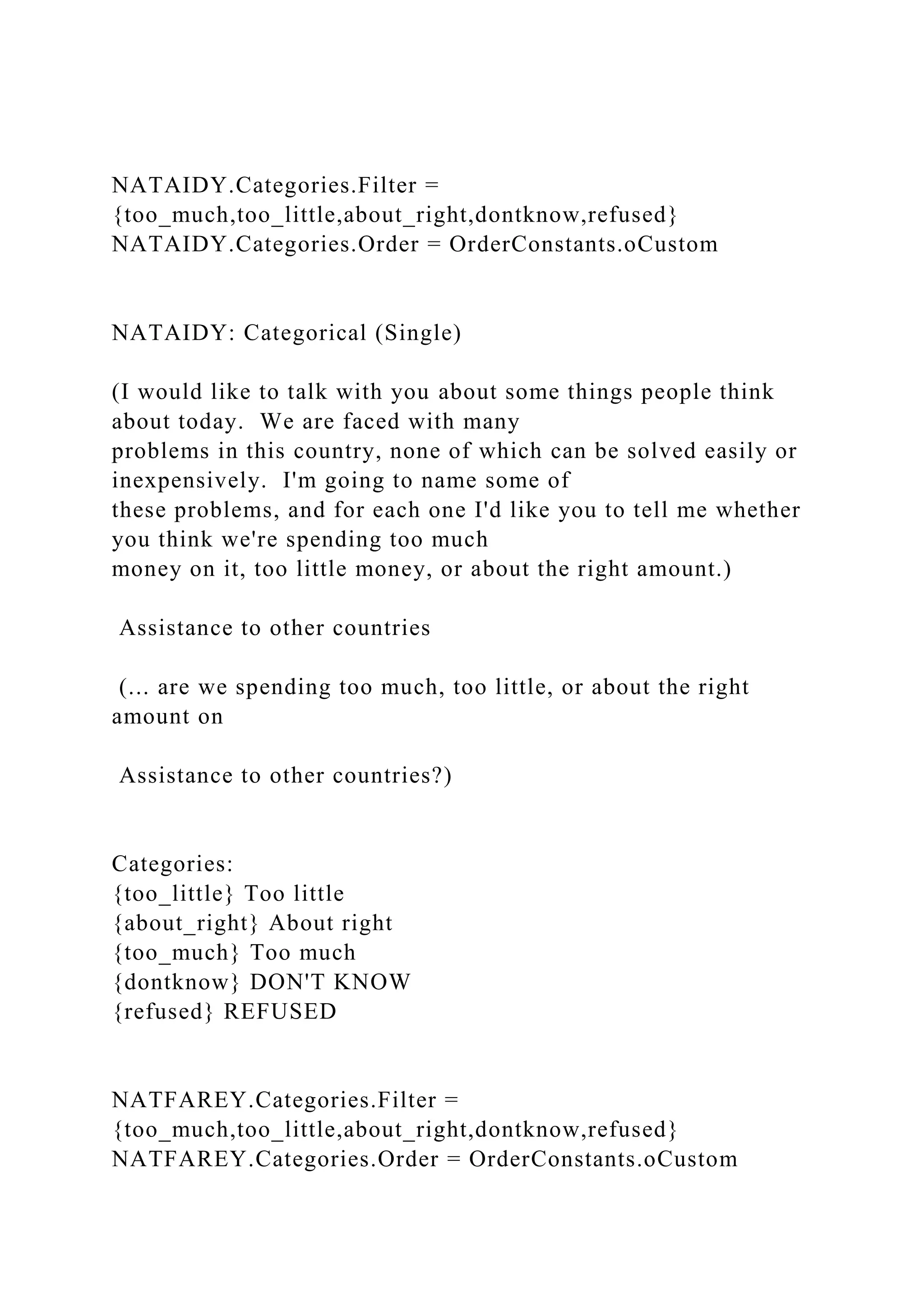 NATAIDY.Categories.Filter =
{too_much,too_little,about_right,dontknow,refused}
NATAIDY.Categories.Order = OrderConstants.oCustom
NATAIDY: Categorical (Single)
(I would like to talk with you about some things people think
about today. We are faced with many
problems in this country, none of which can be solved easily or
inexpensively. I'm going to name some of
these problems, and for each one I'd like you to tell me whether
you think we're spending too much
money on it, too little money, or about the right amount.)
Assistance to other countries
(... are we spending too much, too little, or about the right
amount on
Assistance to other countries?)
Categories:
{too_little} Too little
{about_right} About right
{too_much} Too much
{dontknow} DON'T KNOW
{refused} REFUSED
NATFAREY.Categories.Filter =
{too_much,too_little,about_right,dontknow,refused}
NATFAREY.Categories.Order = OrderConstants.oCustom
 