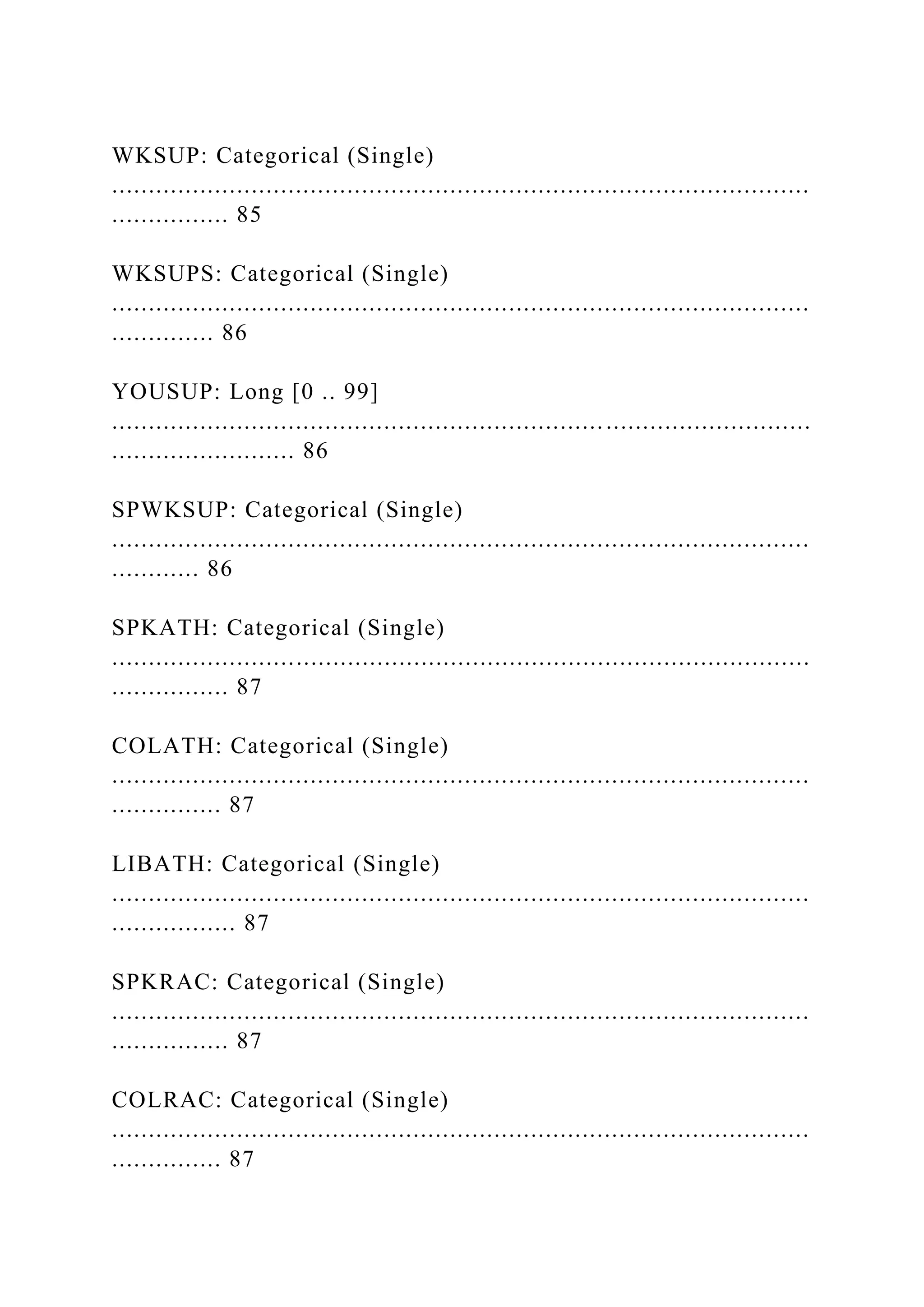 WKSUP: Categorical (Single)
...............................................................................................
................ 85
WKSUPS: Categorical (Single)
...............................................................................................
.............. 86
YOUSUP: Long [0 .. 99]
...............................................................................................
......................... 86
SPWKSUP: Categorical (Single)
...............................................................................................
............ 86
SPKATH: Categorical (Single)
...............................................................................................
................ 87
COLATH: Categorical (Single)
...............................................................................................
............... 87
LIBATH: Categorical (Single)
...............................................................................................
................. 87
SPKRAC: Categorical (Single)
...............................................................................................
................ 87
COLRAC: Categorical (Single)
...............................................................................................
............... 87
 