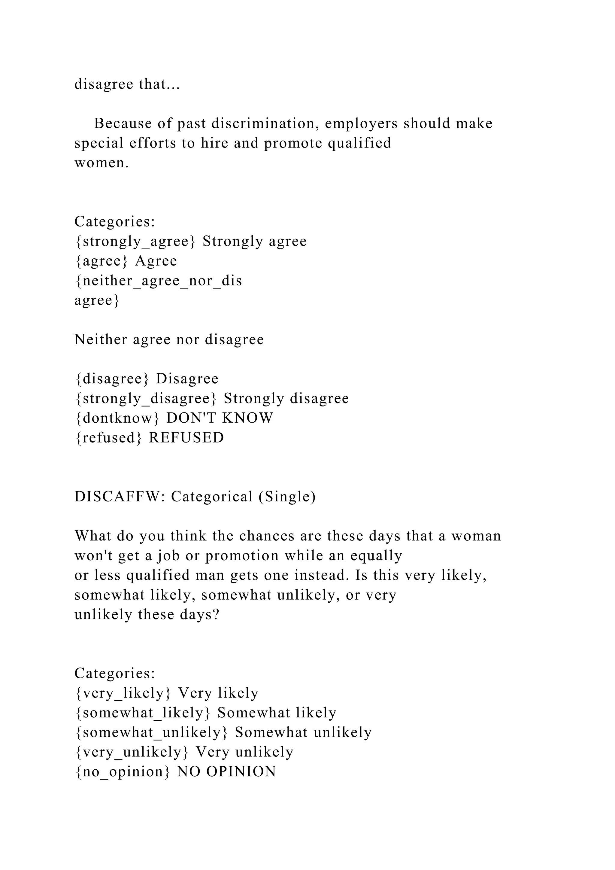 disagree that...
Because of past discrimination, employers should make
special efforts to hire and promote qualified
women.
Categories:
{strongly_agree} Strongly agree
{agree} Agree
{neither_agree_nor_dis
agree}
Neither agree nor disagree
{disagree} Disagree
{strongly_disagree} Strongly disagree
{dontknow} DON'T KNOW
{refused} REFUSED
DISCAFFW: Categorical (Single)
What do you think the chances are these days that a woman
won't get a job or promotion while an equally
or less qualified man gets one instead. Is this very likely,
somewhat likely, somewhat unlikely, or very
unlikely these days?
Categories:
{very_likely} Very likely
{somewhat_likely} Somewhat likely
{somewhat_unlikely} Somewhat unlikely
{very_unlikely} Very unlikely
{no_opinion} NO OPINION
 