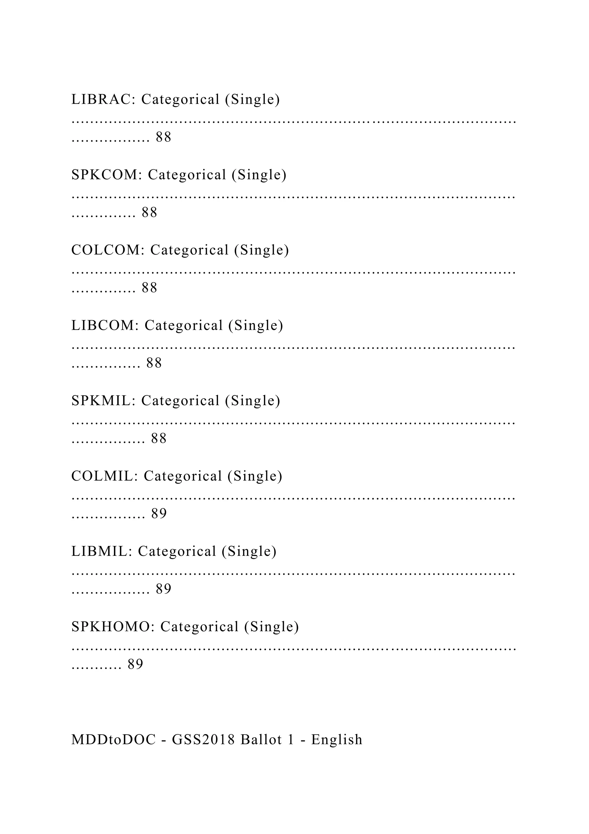 LIBRAC: Categorical (Single)
...............................................................................................
................. 88
SPKCOM: Categorical (Single)
...............................................................................................
.............. 88
COLCOM: Categorical (Single)
...............................................................................................
.............. 88
LIBCOM: Categorical (Single)
...............................................................................................
............... 88
SPKMIL: Categorical (Single)
...............................................................................................
................ 88
COLMIL: Categorical (Single)
...............................................................................................
................ 89
LIBMIL: Categorical (Single)
...............................................................................................
................. 89
SPKHOMO: Categorical (Single)
...............................................................................................
........... 89
MDDtoDOC - GSS2018 Ballot 1 - English
 