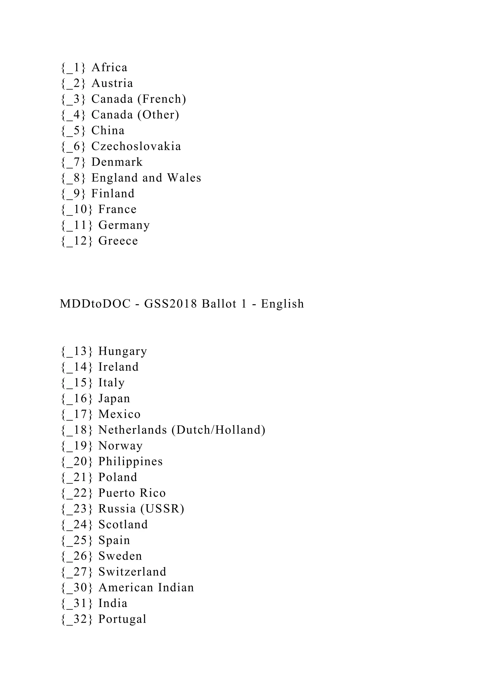 {_1} Africa
{_2} Austria
{_3} Canada (French)
{_4} Canada (Other)
{_5} China
{_6} Czechoslovakia
{_7} Denmark
{_8} England and Wales
{_9} Finland
{_10} France
{_11} Germany
{_12} Greece
MDDtoDOC - GSS2018 Ballot 1 - English
{_13} Hungary
{_14} Ireland
{_15} Italy
{_16} Japan
{_17} Mexico
{_18} Netherlands (Dutch/Holland)
{_19} Norway
{_20} Philippines
{_21} Poland
{_22} Puerto Rico
{_23} Russia (USSR)
{_24} Scotland
{_25} Spain
{_26} Sweden
{_27} Switzerland
{_30} American Indian
{_31} India
{_32} Portugal
 