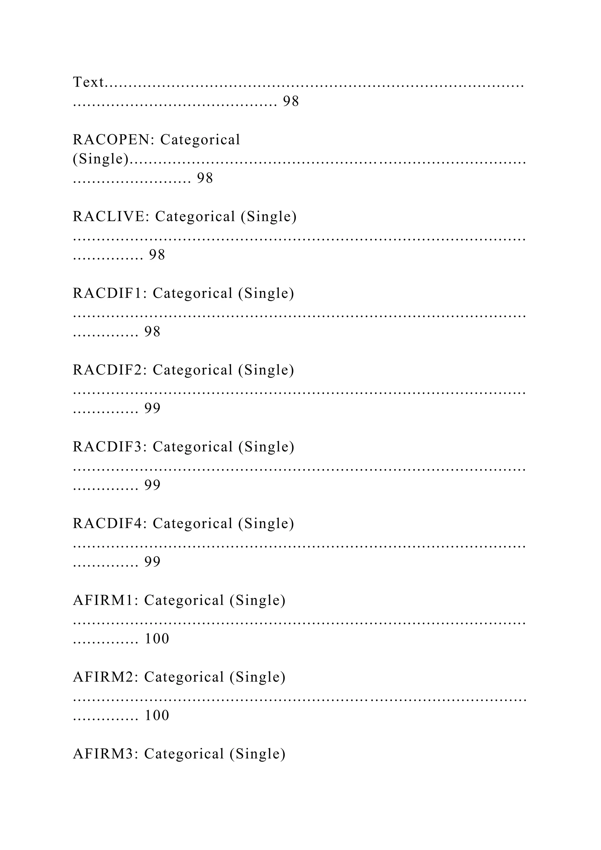 Text........................................................................................
........................................... 98
RACOPEN: Categorical
(Single)...................................................................................
......................... 98
RACLIVE: Categorical (Single)
...............................................................................................
............... 98
RACDIF1: Categorical (Single)
...............................................................................................
.............. 98
RACDIF2: Categorical (Single)
...............................................................................................
.............. 99
RACDIF3: Categorical (Single)
...............................................................................................
.............. 99
RACDIF4: Categorical (Single)
...............................................................................................
.............. 99
AFIRM1: Categorical (Single)
...............................................................................................
.............. 100
AFIRM2: Categorical (Single)
...............................................................................................
.............. 100
AFIRM3: Categorical (Single)
 