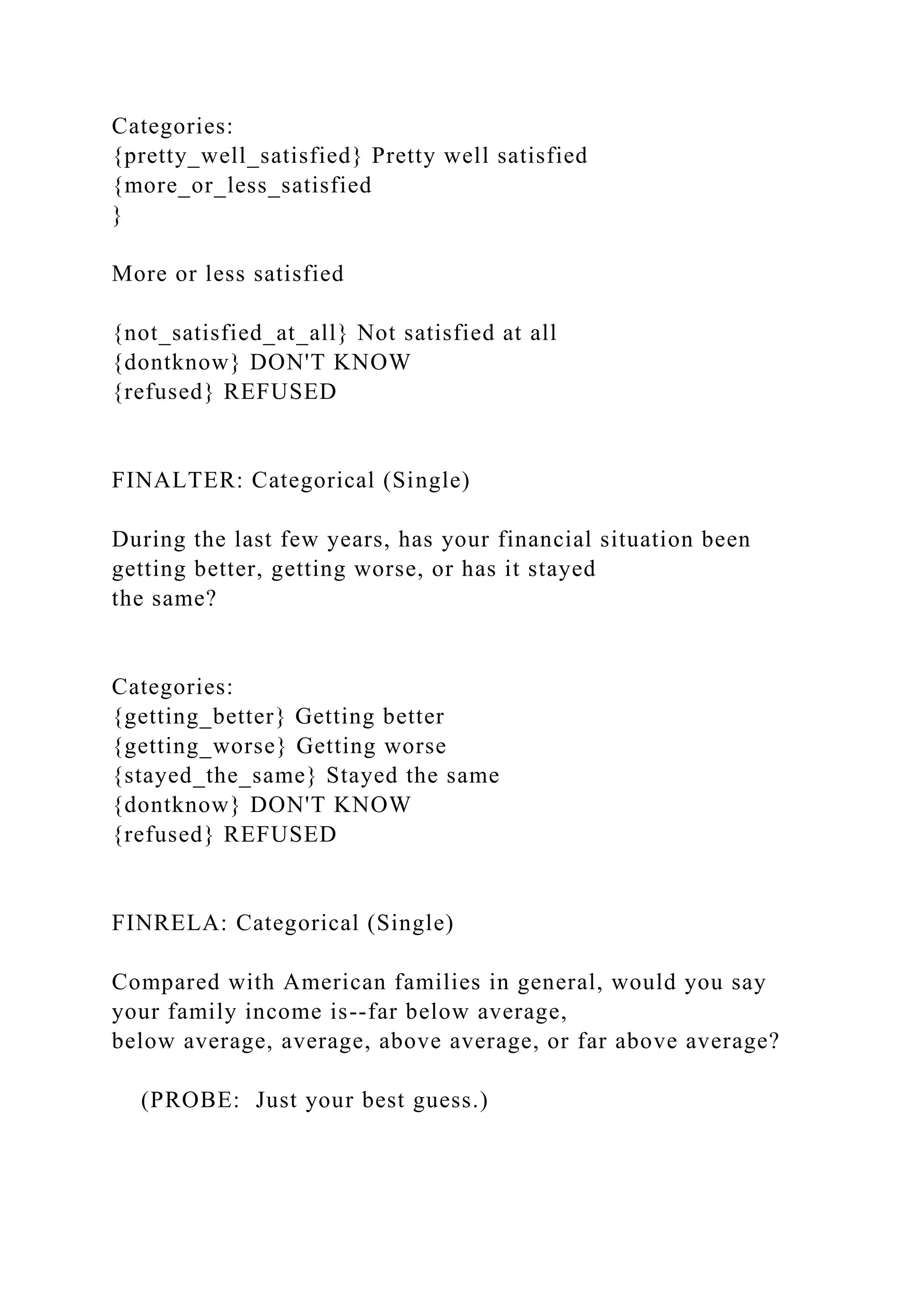 Categories:
{pretty_well_satisfied} Pretty well satisfied
{more_or_less_satisfied
}
More or less satisfied
{not_satisfied_at_all} Not satisfied at all
{dontknow} DON'T KNOW
{refused} REFUSED
FINALTER: Categorical (Single)
During the last few years, has your financial situation been
getting better, getting worse, or has it stayed
the same?
Categories:
{getting_better} Getting better
{getting_worse} Getting worse
{stayed_the_same} Stayed the same
{dontknow} DON'T KNOW
{refused} REFUSED
FINRELA: Categorical (Single)
Compared with American families in general, would you say
your family income is--far below average,
below average, average, above average, or far above average?
(PROBE: Just your best guess.)
 