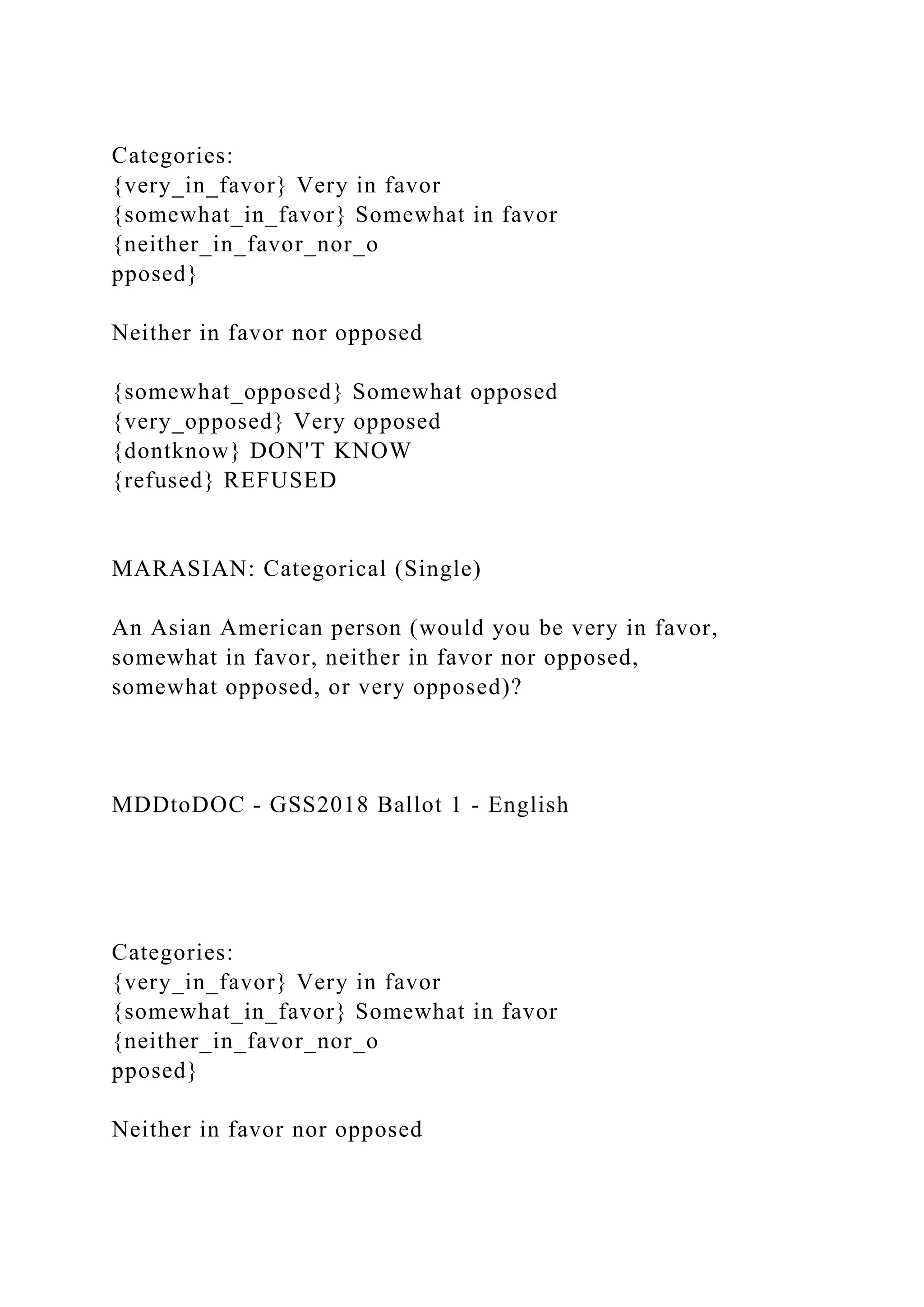 Categories:
{very_in_favor} Very in favor
{somewhat_in_favor} Somewhat in favor
{neither_in_favor_nor_o
pposed}
Neither in favor nor opposed
{somewhat_opposed} Somewhat opposed
{very_opposed} Very opposed
{dontknow} DON'T KNOW
{refused} REFUSED
MARASIAN: Categorical (Single)
An Asian American person (would you be very in favor,
somewhat in favor, neither in favor nor opposed,
somewhat opposed, or very opposed)?
MDDtoDOC - GSS2018 Ballot 1 - English
Categories:
{very_in_favor} Very in favor
{somewhat_in_favor} Somewhat in favor
{neither_in_favor_nor_o
pposed}
Neither in favor nor opposed
 