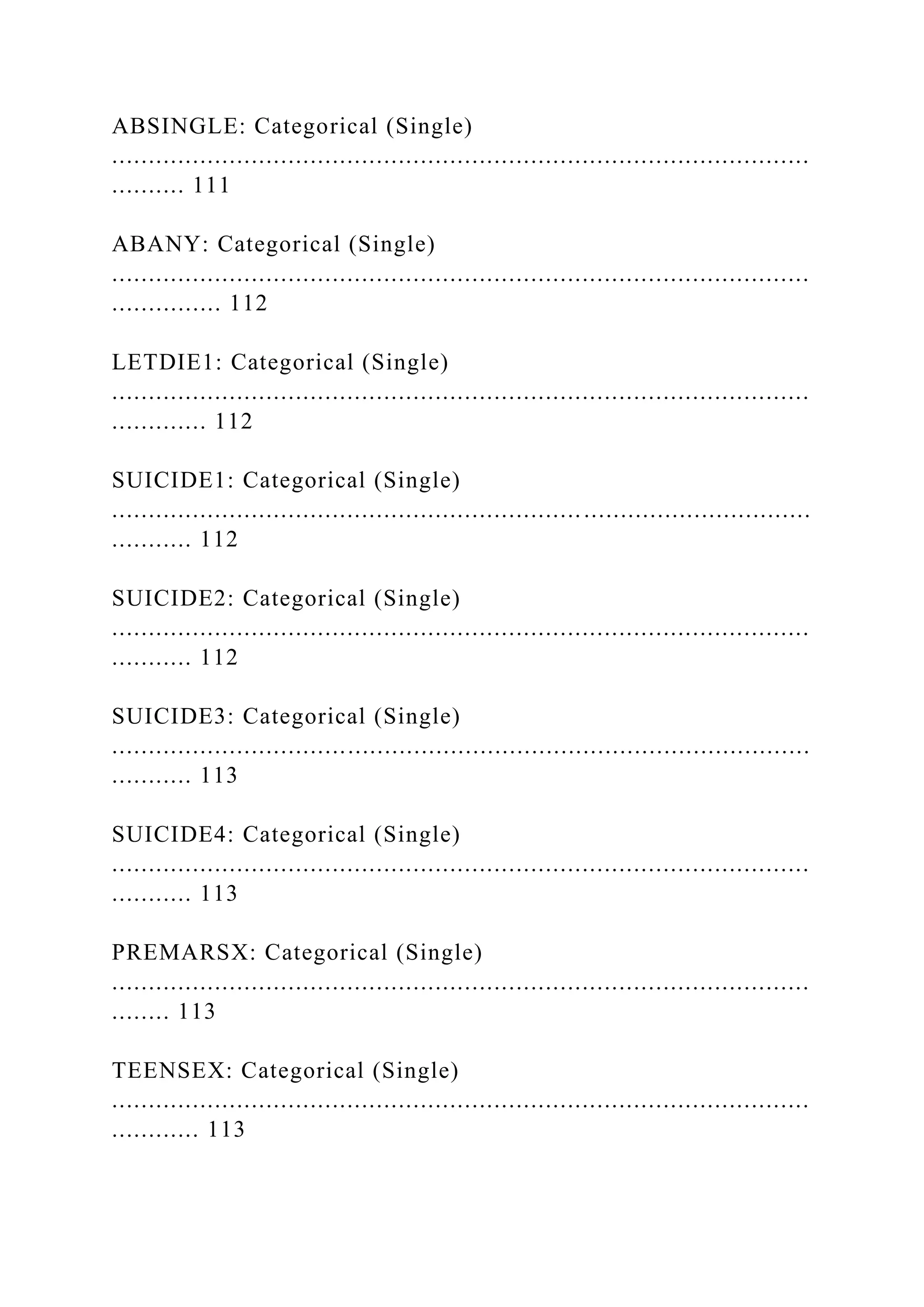 ABSINGLE: Categorical (Single)
...............................................................................................
.......... 111
ABANY: Categorical (Single)
...............................................................................................
............... 112
LETDIE1: Categorical (Single)
...............................................................................................
............. 112
SUICIDE1: Categorical (Single)
...............................................................................................
........... 112
SUICIDE2: Categorical (Single)
...............................................................................................
........... 112
SUICIDE3: Categorical (Single)
...............................................................................................
........... 113
SUICIDE4: Categorical (Single)
...............................................................................................
........... 113
PREMARSX: Categorical (Single)
...............................................................................................
........ 113
TEENSEX: Categorical (Single)
...............................................................................................
............ 113
 
