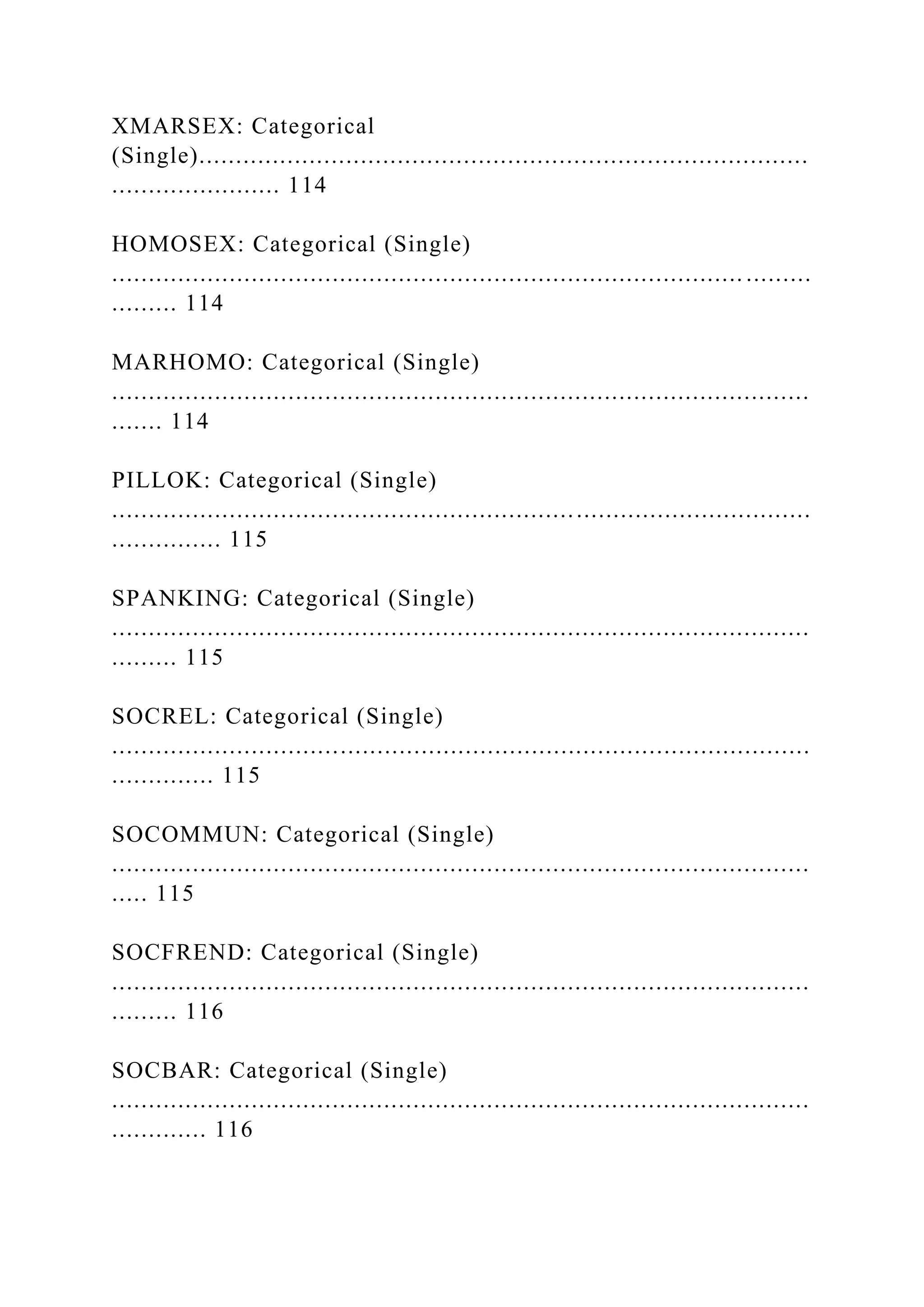 XMARSEX: Categorical
(Single)...................................................................................
....................... 114
HOMOSEX: Categorical (Single)
...................................................................................... .........
......... 114
MARHOMO: Categorical (Single)
...............................................................................................
....... 114
PILLOK: Categorical (Single)
...............................................................................................
............... 115
SPANKING: Categorical (Single)
...............................................................................................
......... 115
SOCREL: Categorical (Single)
...............................................................................................
.............. 115
SOCOMMUN: Categorical (Single)
...............................................................................................
..... 115
SOCFREND: Categorical (Single)
...............................................................................................
......... 116
SOCBAR: Categorical (Single)
...............................................................................................
............. 116
 