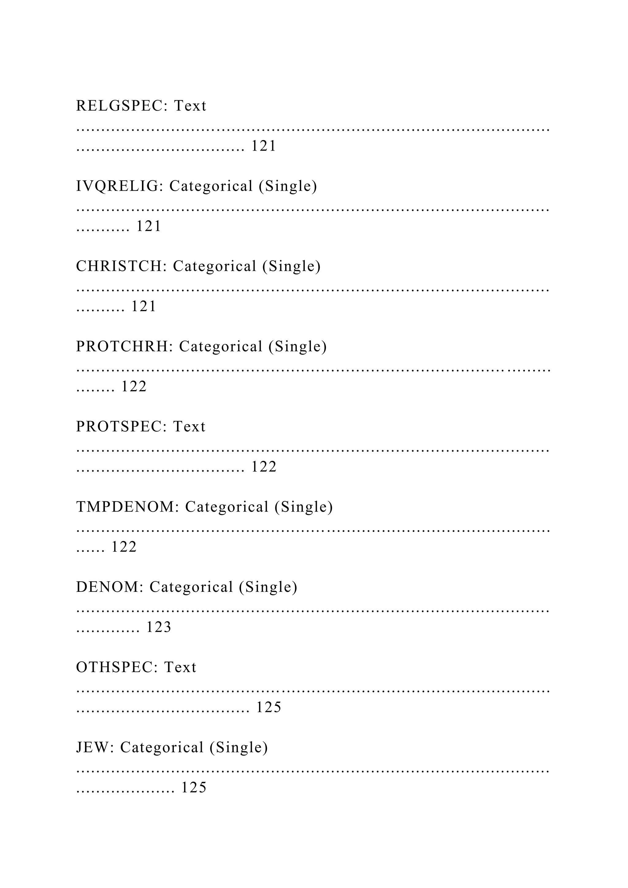 RELGSPEC: Text
...............................................................................................
.................................. 121
IVQRELIG: Categorical (Single)
...............................................................................................
........... 121
CHRISTCH: Categorical (Single)
...............................................................................................
.......... 121
PROTCHRH: Categorical (Single)
...................................................................................... .........
........ 122
PROTSPEC: Text
...............................................................................................
.................................. 122
TMPDENOM: Categorical (Single)
...............................................................................................
...... 122
DENOM: Categorical (Single)
...............................................................................................
............. 123
OTHSPEC: Text
...............................................................................................
................................... 125
JEW: Categorical (Single)
...............................................................................................
.................... 125
 
