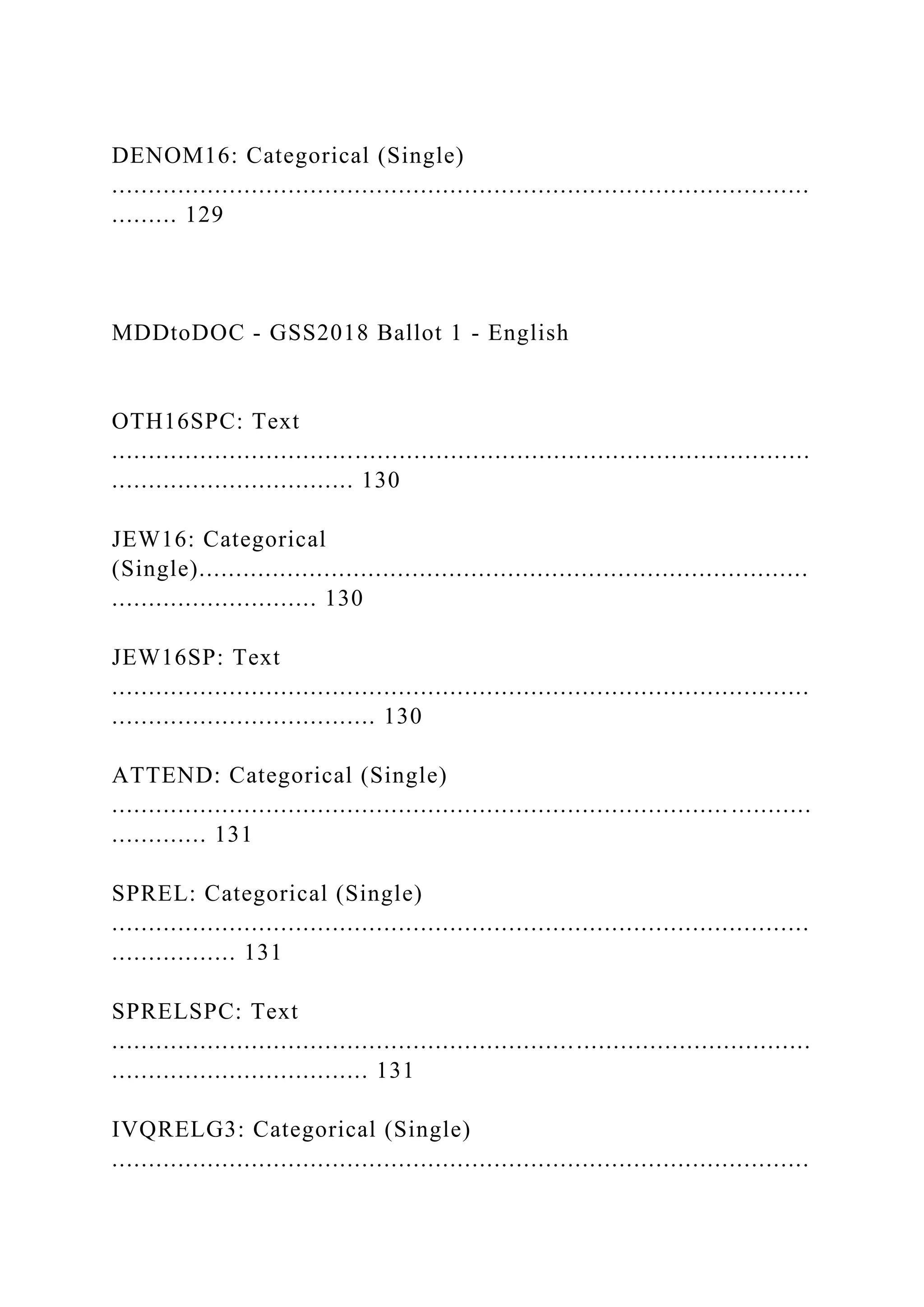 DENOM16: Categorical (Single)
...............................................................................................
......... 129
MDDtoDOC - GSS2018 Ballot 1 - English
OTH16SPC: Text
...............................................................................................
................................. 130
JEW16: Categorical
(Single)...................................................................................
............................ 130
JEW16SP: Text
...............................................................................................
.................................... 130
ATTEND: Categorical (Single)
.................................................................................... ...........
............. 131
SPREL: Categorical (Single)
...............................................................................................
................. 131
SPRELSPC: Text
...............................................................................................
................................... 131
IVQRELG3: Categorical (Single)
...............................................................................................
 