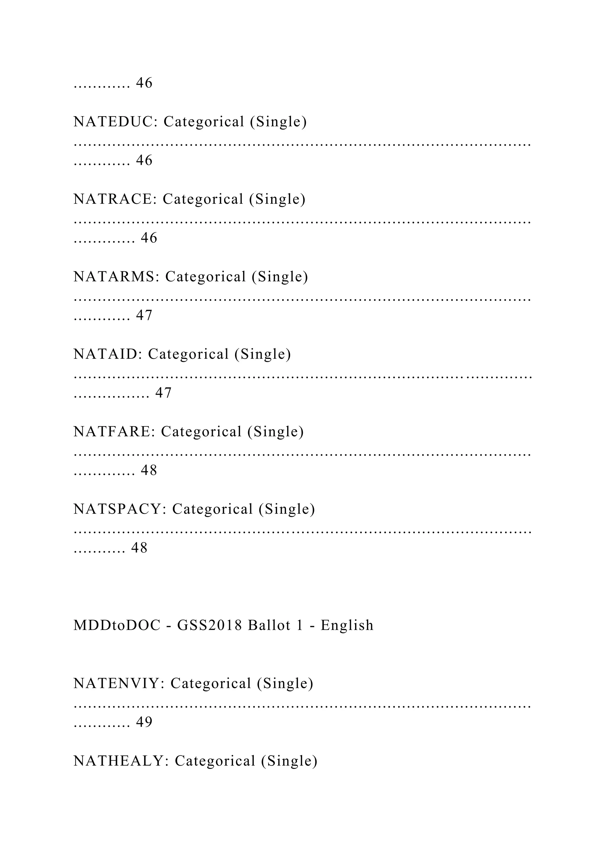 ............ 46
NATEDUC: Categorical (Single)
...............................................................................................
............ 46
NATRACE: Categorical (Single)
...............................................................................................
............. 46
NATARMS: Categorical (Single)
...............................................................................................
............ 47
NATAID: Categorical (Single)
...............................................................................................
................ 47
NATFARE: Categorical (Single)
...............................................................................................
............. 48
NATSPACY: Categorical (Single)
...............................................................................................
........... 48
MDDtoDOC - GSS2018 Ballot 1 - English
NATENVIY: Categorical (Single)
...............................................................................................
............ 49
NATHEALY: Categorical (Single)
 