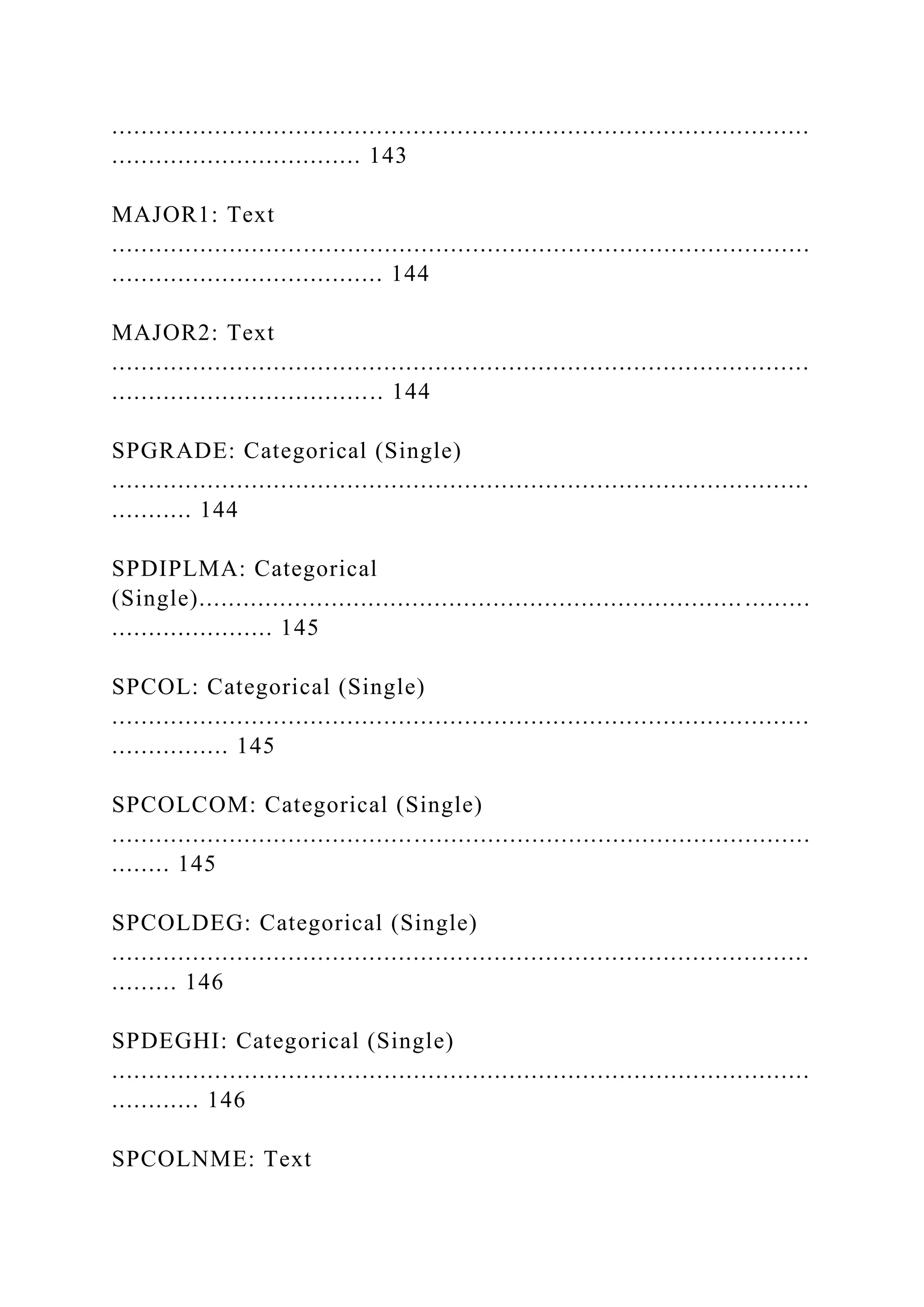 ...............................................................................................
.................................. 143
MAJOR1: Text
...............................................................................................
..................................... 144
MAJOR2: Text
...............................................................................................
..................................... 144
SPGRADE: Categorical (Single)
...............................................................................................
........... 144
SPDIPLMA: Categorical
(Single).......................................................................... .........
...................... 145
SPCOL: Categorical (Single)
...............................................................................................
................ 145
SPCOLCOM: Categorical (Single)
...............................................................................................
........ 145
SPCOLDEG: Categorical (Single)
...............................................................................................
......... 146
SPDEGHI: Categorical (Single)
...............................................................................................
............ 146
SPCOLNME: Text
 
