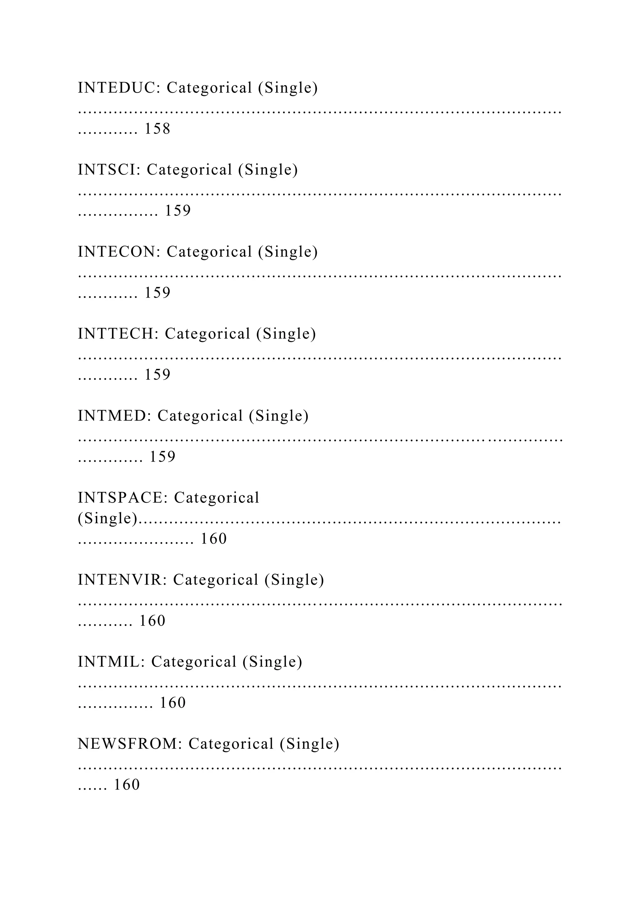 INTEDUC: Categorical (Single)
...............................................................................................
............ 158
INTSCI: Categorical (Single)
...............................................................................................
................ 159
INTECON: Categorical (Single)
...............................................................................................
............ 159
INTTECH: Categorical (Single)
...............................................................................................
............ 159
INTMED: Categorical (Single)
................................................................................ ...............
............. 159
INTSPACE: Categorical
(Single)...................................................................................
....................... 160
INTENVIR: Categorical (Single)
...............................................................................................
........... 160
INTMIL: Categorical (Single)
...............................................................................................
............... 160
NEWSFROM: Categorical (Single)
...............................................................................................
...... 160
 