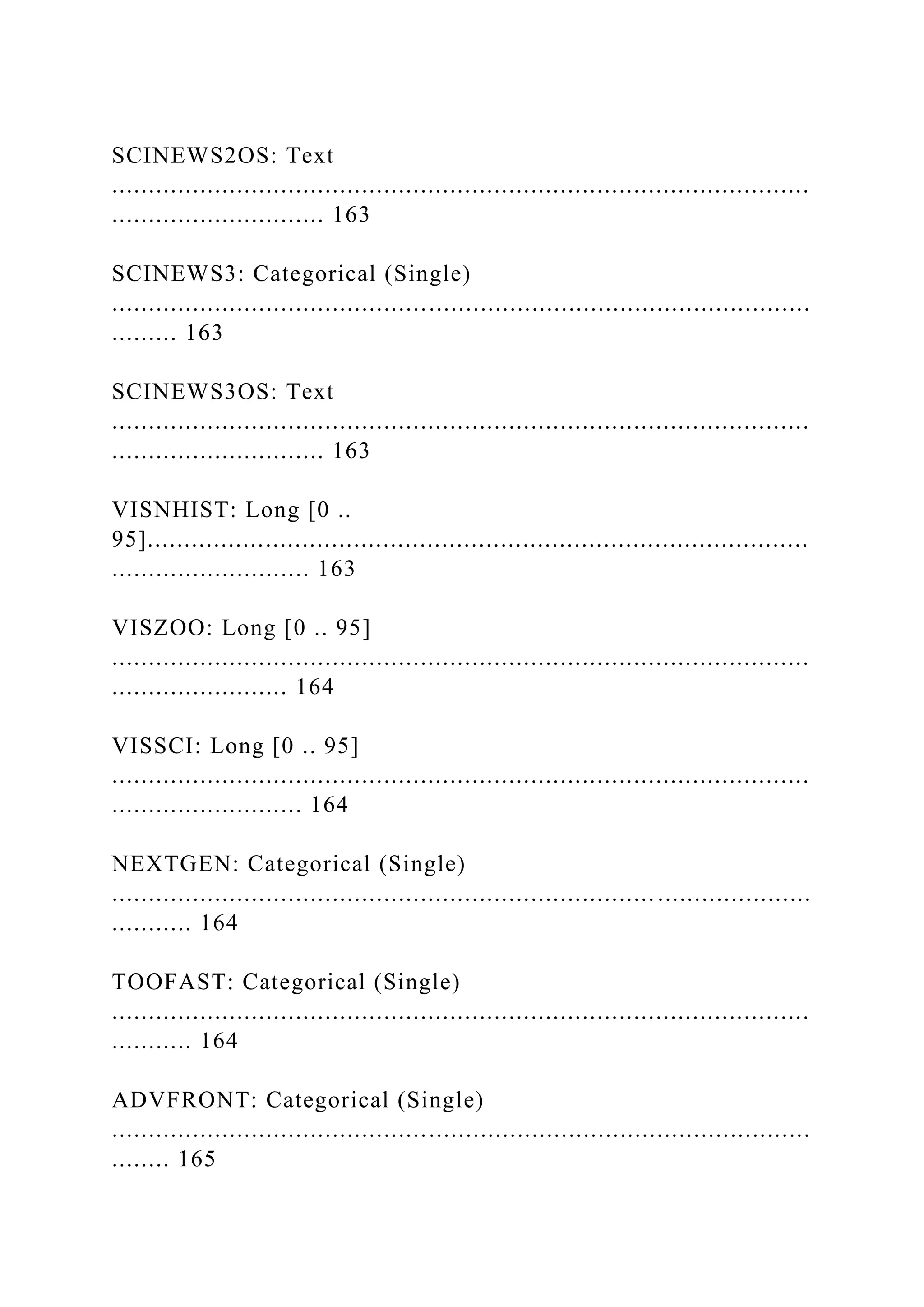 SCINEWS2OS: Text
...............................................................................................
............................. 163
SCINEWS3: Categorical (Single)
...............................................................................................
......... 163
SCINEWS3OS: Text
...............................................................................................
............................. 163
VISNHIST: Long [0 ..
95]..........................................................................................
........................... 163
VISZOO: Long [0 .. 95]
...............................................................................................
........................ 164
VISSCI: Long [0 .. 95]
...............................................................................................
.......................... 164
NEXTGEN: Categorical (Single)
...............................................................................................
........... 164
TOOFAST: Categorical (Single)
...............................................................................................
........... 164
ADVFRONT: Categorical (Single)
...............................................................................................
........ 165
 