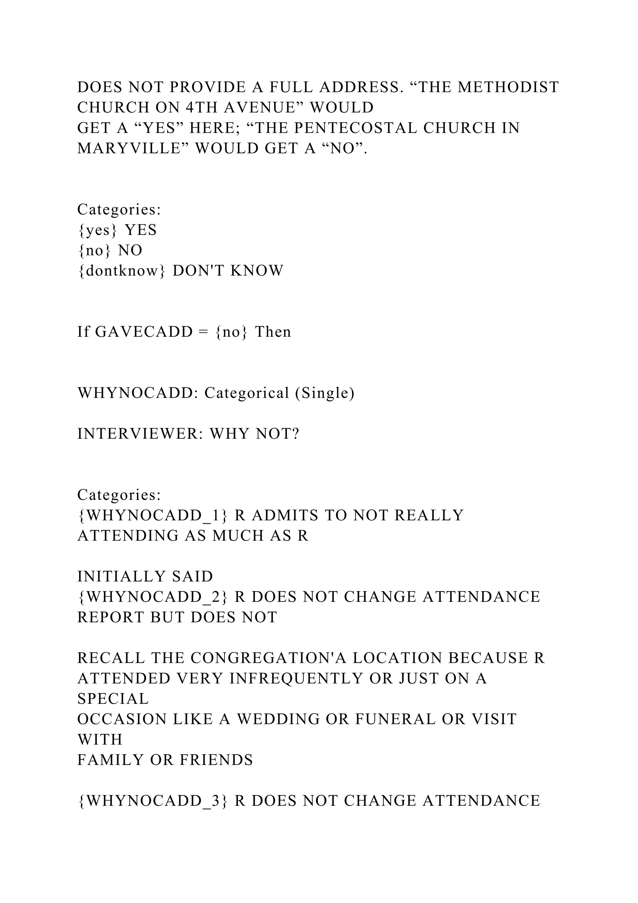DOES NOT PROVIDE A FULL ADDRESS. “THE METHODIST
CHURCH ON 4TH AVENUE” WOULD
GET A “YES” HERE; “THE PENTECOSTAL CHURCH IN
MARYVILLE” WOULD GET A “NO”.
Categories:
{yes} YES
{no} NO
{dontknow} DON'T KNOW
If GAVECADD = {no} Then
WHYNOCADD: Categorical (Single)
INTERVIEWER: WHY NOT?
Categories:
{WHYNOCADD_1} R ADMITS TO NOT REALLY
ATTENDING AS MUCH AS R
INITIALLY SAID
{WHYNOCADD_2} R DOES NOT CHANGE ATTENDANCE
REPORT BUT DOES NOT
RECALL THE CONGREGATION'A LOCATION BECAUSE R
ATTENDED VERY INFREQUENTLY OR JUST ON A
SPECIAL
OCCASION LIKE A WEDDING OR FUNERAL OR VISIT
WITH
FAMILY OR FRIENDS
{WHYNOCADD_3} R DOES NOT CHANGE ATTENDANCE
 