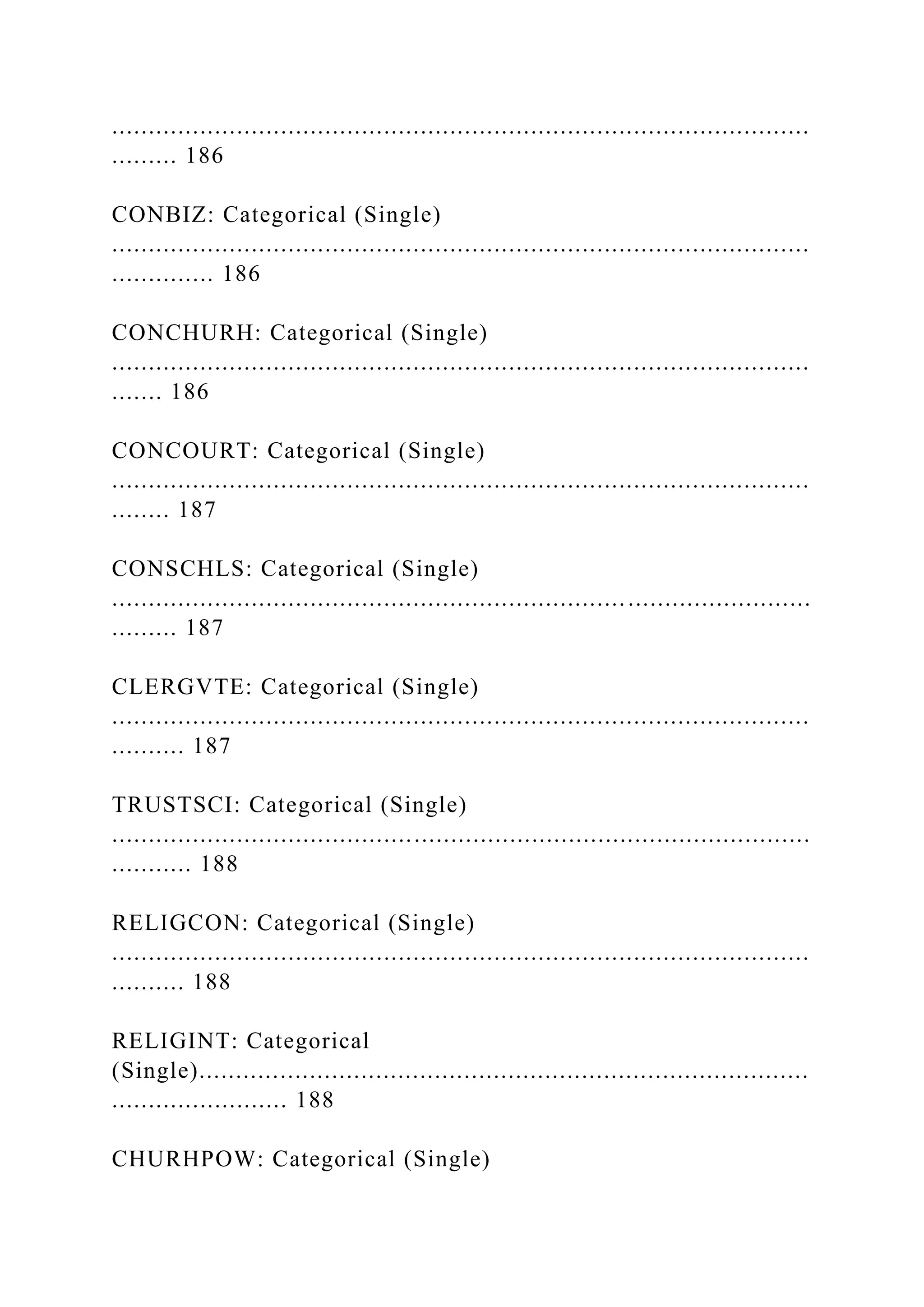 ...............................................................................................
......... 186
CONBIZ: Categorical (Single)
...............................................................................................
.............. 186
CONCHURH: Categorical (Single)
...............................................................................................
....... 186
CONCOURT: Categorical (Single)
...............................................................................................
........ 187
CONSCHLS: Categorical (Single)
...............................................................................................
......... 187
CLERGVTE: Categorical (Single)
...............................................................................................
.......... 187
TRUSTSCI: Categorical (Single)
...............................................................................................
........... 188
RELIGCON: Categorical (Single)
...............................................................................................
.......... 188
RELIGINT: Categorical
(Single)...................................................................................
........................ 188
CHURHPOW: Categorical (Single)
 