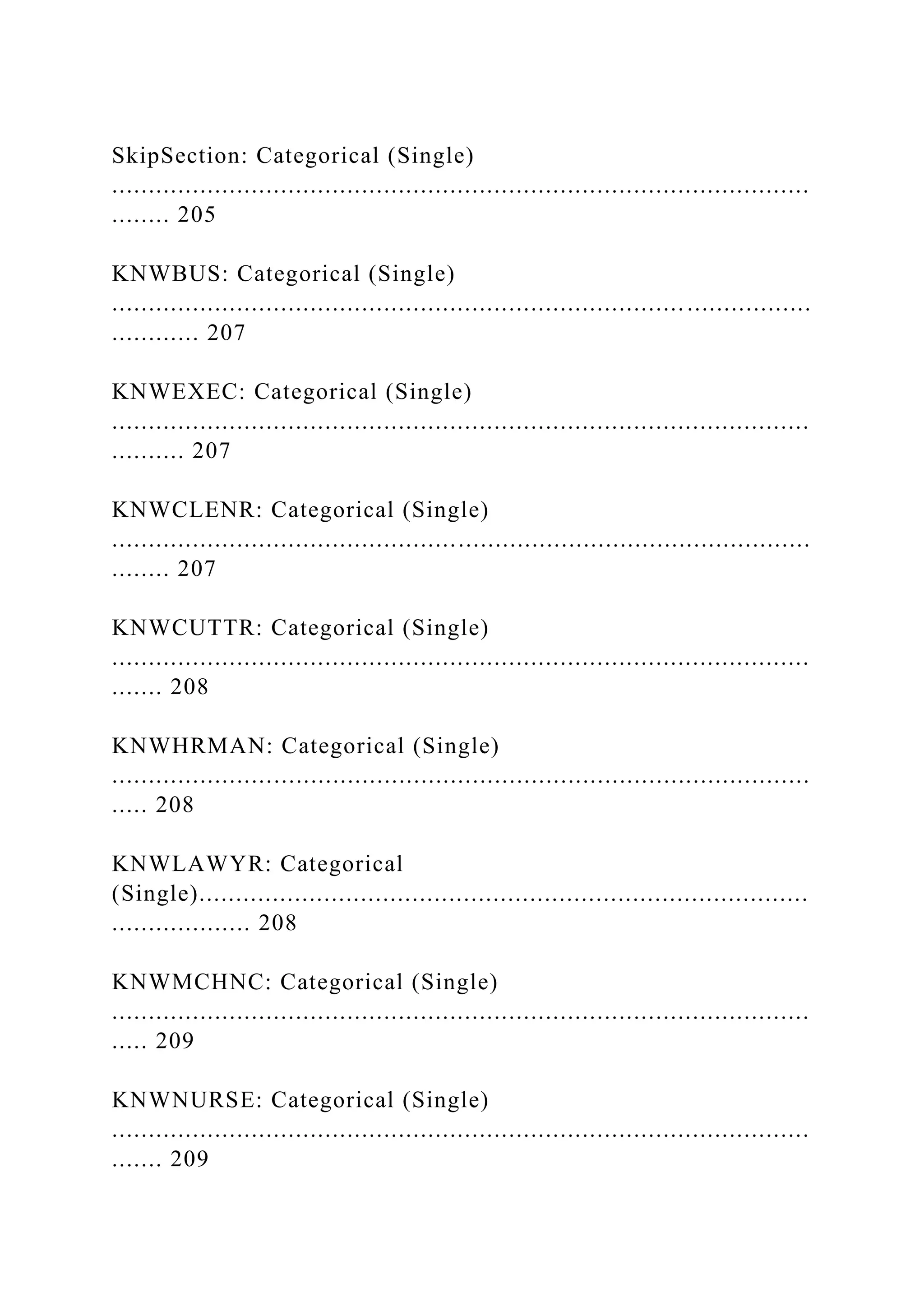 SkipSection: Categorical (Single)
...............................................................................................
........ 205
KNWBUS: Categorical (Single)
...............................................................................................
............ 207
KNWEXEC: Categorical (Single)
...............................................................................................
.......... 207
KNWCLENR: Categorical (Single)
...............................................................................................
........ 207
KNWCUTTR: Categorical (Single)
...............................................................................................
....... 208
KNWHRMAN: Categorical (Single)
...............................................................................................
..... 208
KNWLAWYR: Categorical
(Single)...................................................................................
................... 208
KNWMCHNC: Categorical (Single)
...............................................................................................
..... 209
KNWNURSE: Categorical (Single)
...............................................................................................
....... 209
 