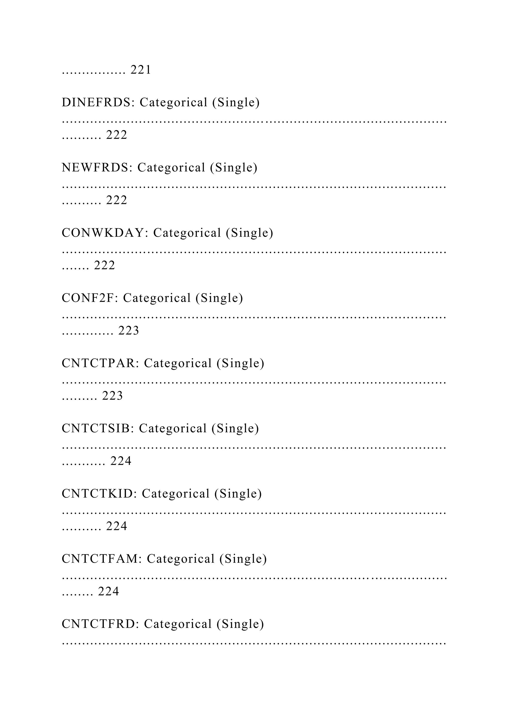 ................ 221
DINEFRDS: Categorical (Single)
...............................................................................................
.......... 222
NEWFRDS: Categorical (Single)
...............................................................................................
.......... 222
CONWKDAY: Categorical (Single)
...............................................................................................
....... 222
CONF2F: Categorical (Single)
...............................................................................................
............. 223
CNTCTPAR: Categorical (Single)
...............................................................................................
......... 223
CNTCTSIB: Categorical (Single)
...............................................................................................
........... 224
CNTCTKID: Categorical (Single)
...............................................................................................
.......... 224
CNTCTFAM: Categorical (Single)
...............................................................................................
........ 224
CNTCTFRD: Categorical (Single)
...............................................................................................
 