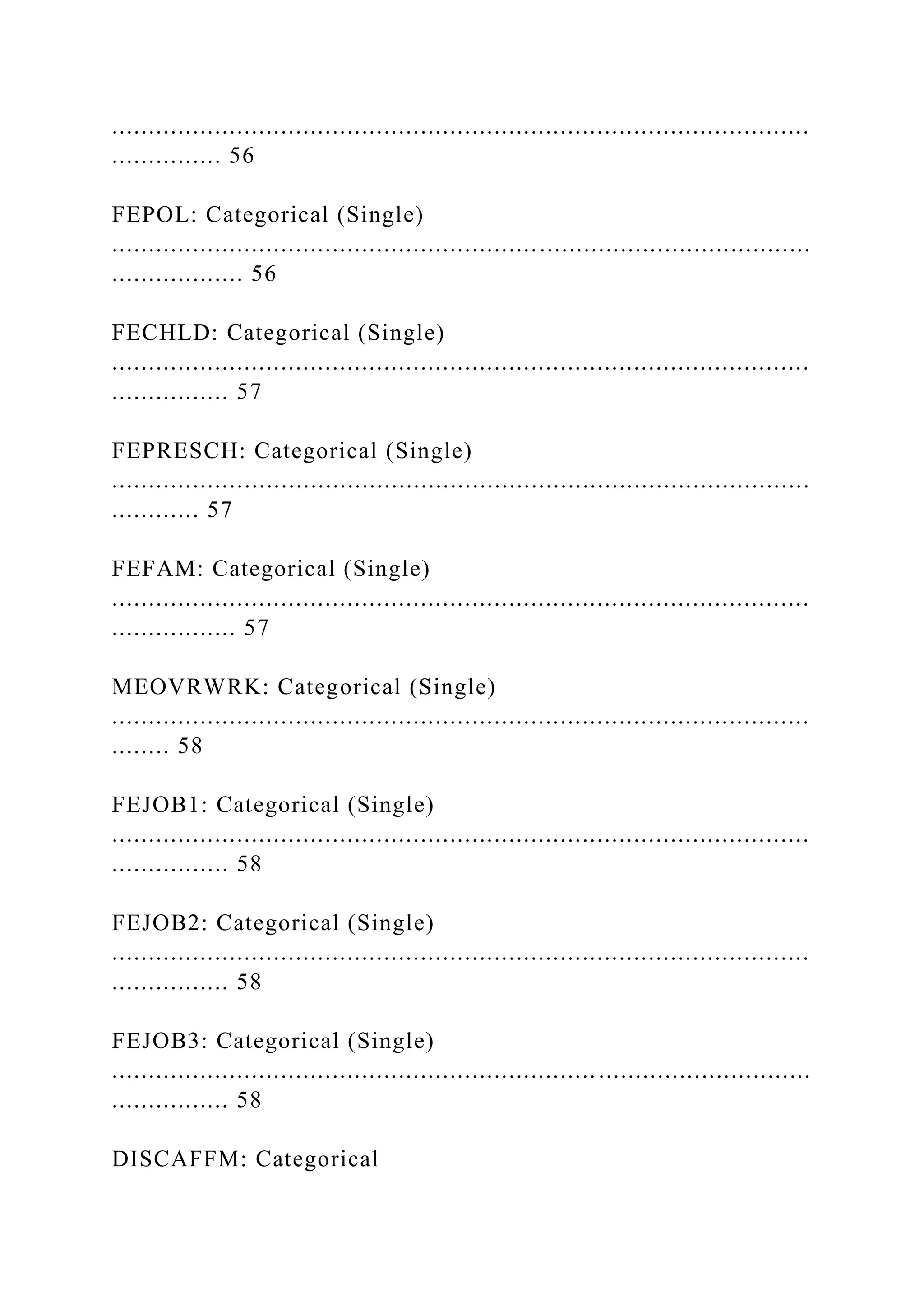 ...............................................................................................
............... 56
FEPOL: Categorical (Single)
...............................................................................................
.................. 56
FECHLD: Categorical (Single)
...............................................................................................
................ 57
FEPRESCH: Categorical (Single)
...............................................................................................
............ 57
FEFAM: Categorical (Single)
...............................................................................................
................. 57
MEOVRWRK: Categorical (Single)
...............................................................................................
........ 58
FEJOB1: Categorical (Single)
...............................................................................................
................ 58
FEJOB2: Categorical (Single)
...............................................................................................
................ 58
FEJOB3: Categorical (Single)
...............................................................................................
................ 58
DISCAFFM: Categorical
 