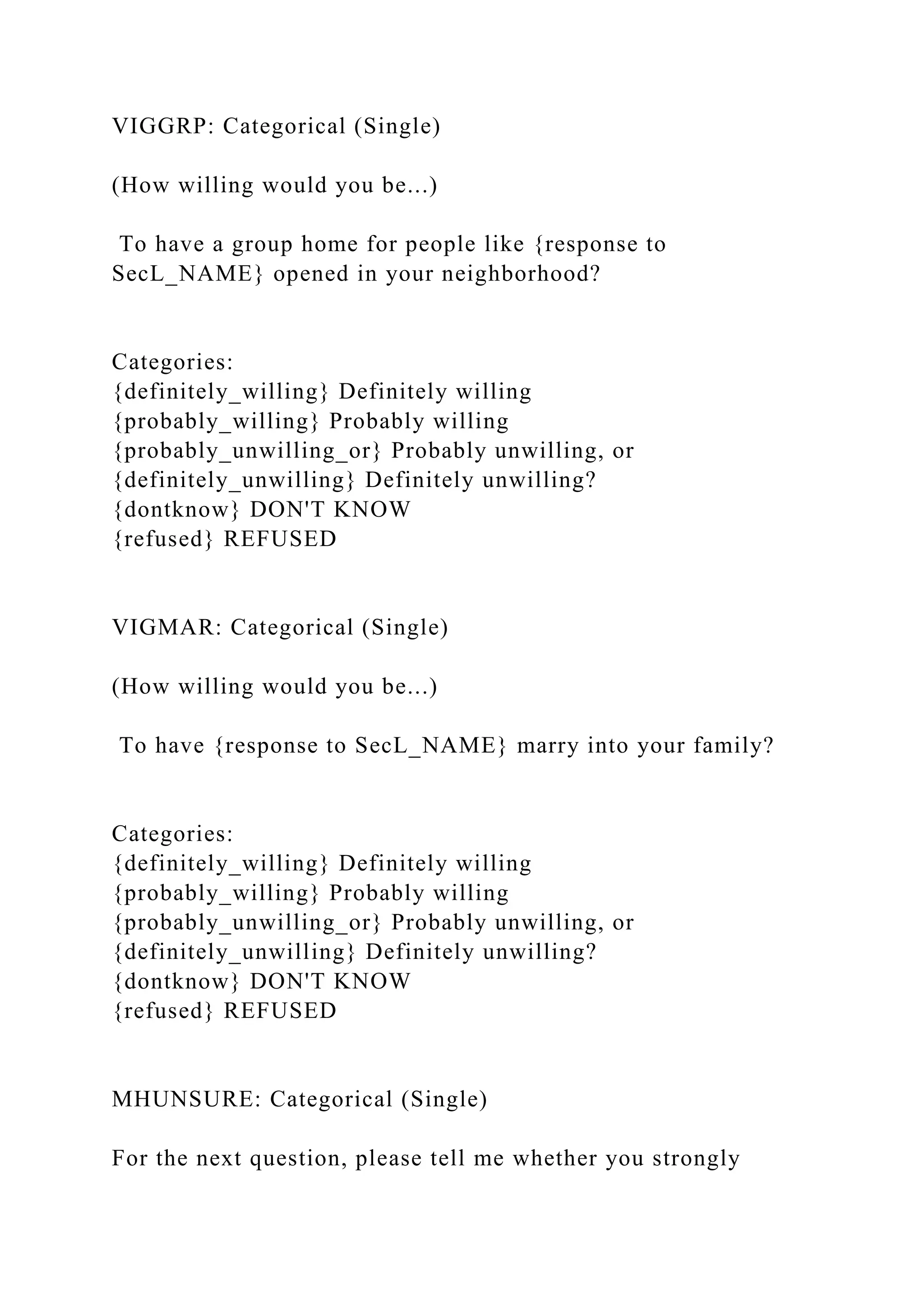 VIGGRP: Categorical (Single)
(How willing would you be...)
To have a group home for people like {response to
SecL_NAME} opened in your neighborhood?
Categories:
{definitely_willing} Definitely willing
{probably_willing} Probably willing
{probably_unwilling_or} Probably unwilling, or
{definitely_unwilling} Definitely unwilling?
{dontknow} DON'T KNOW
{refused} REFUSED
VIGMAR: Categorical (Single)
(How willing would you be...)
To have {response to SecL_NAME} marry into your family?
Categories:
{definitely_willing} Definitely willing
{probably_willing} Probably willing
{probably_unwilling_or} Probably unwilling, or
{definitely_unwilling} Definitely unwilling?
{dontknow} DON'T KNOW
{refused} REFUSED
MHUNSURE: Categorical (Single)
For the next question, please tell me whether you strongly
 