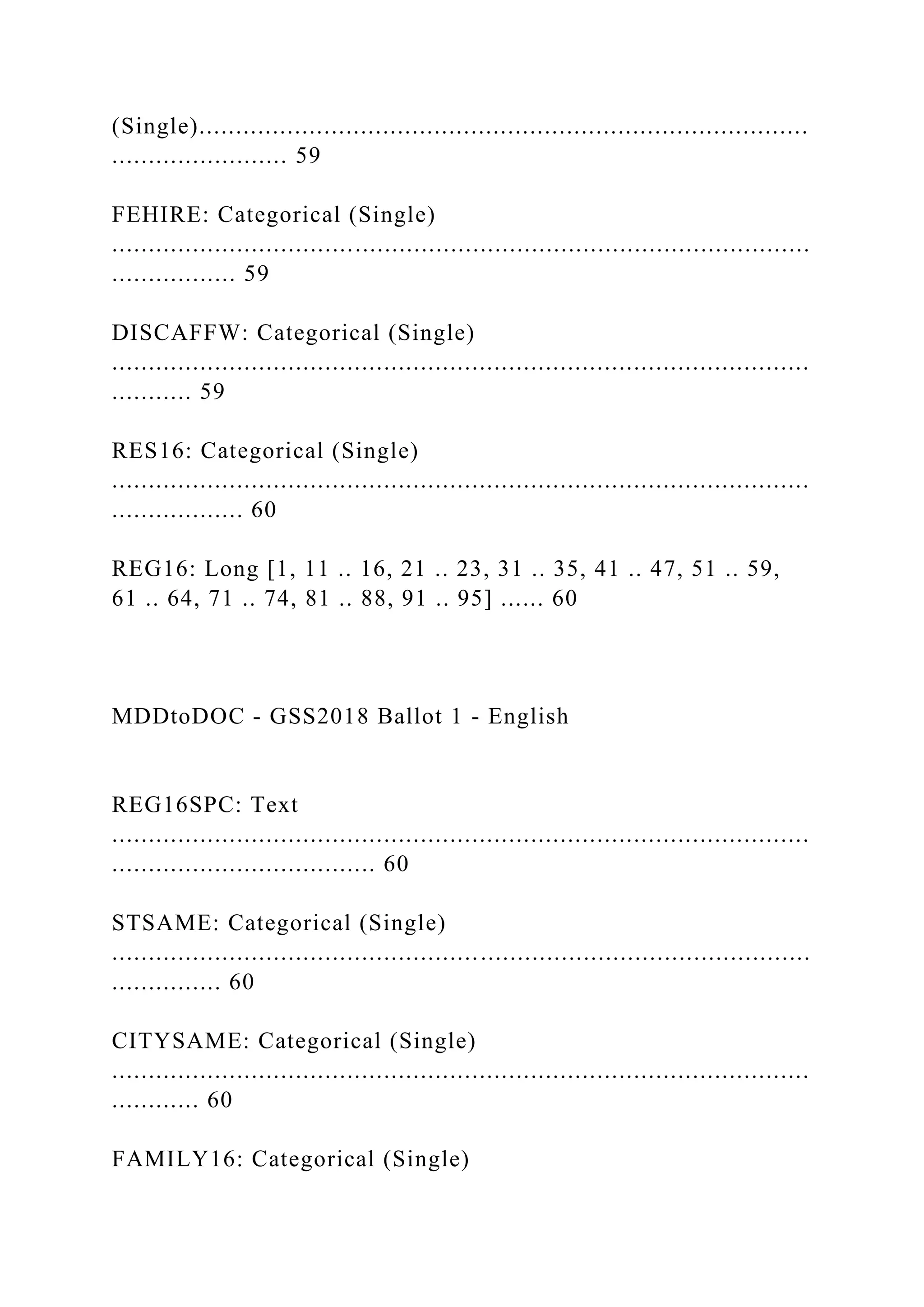 (Single)...................................................................................
........................ 59
FEHIRE: Categorical (Single)
...............................................................................................
................. 59
DISCAFFW: Categorical (Single)
...............................................................................................
........... 59
RES16: Categorical (Single)
...............................................................................................
.................. 60
REG16: Long [1, 11 .. 16, 21 .. 23, 31 .. 35, 41 .. 47, 51 .. 59,
61 .. 64, 71 .. 74, 81 .. 88, 91 .. 95] ...... 60
MDDtoDOC - GSS2018 Ballot 1 - English
REG16SPC: Text
...............................................................................................
.................................... 60
STSAME: Categorical (Single)
...............................................................................................
............... 60
CITYSAME: Categorical (Single)
...............................................................................................
............ 60
FAMILY16: Categorical (Single)
 