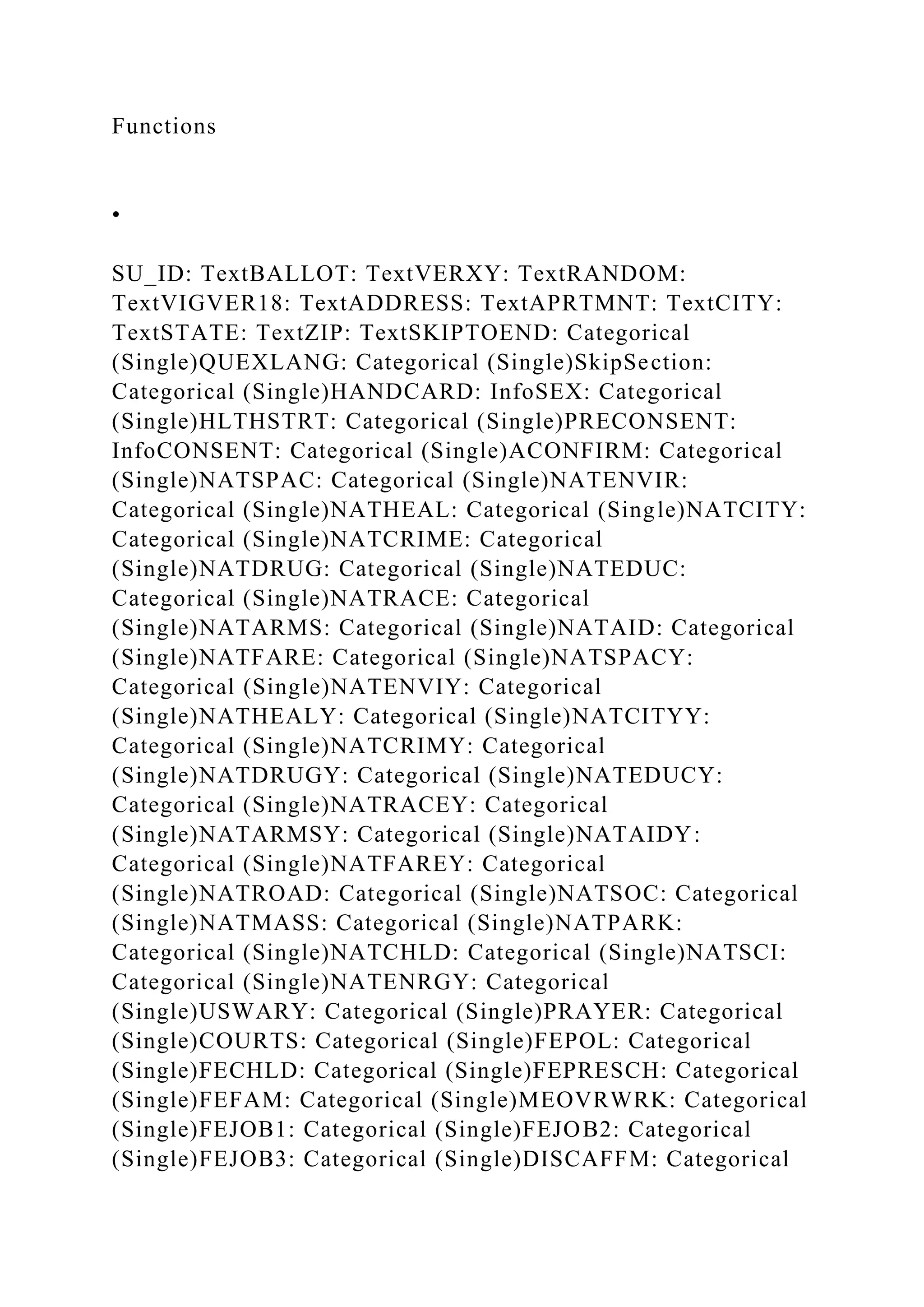 Functions
•
SU_ID: TextBALLOT: TextVERXY: TextRANDOM:
TextVIGVER18: TextADDRESS: TextAPRTMNT: TextCITY:
TextSTATE: TextZIP: TextSKIPTOEND: Categorical
(Single)QUEXLANG: Categorical (Single)SkipSection:
Categorical (Single)HANDCARD: InfoSEX: Categorical
(Single)HLTHSTRT: Categorical (Single)PRECONSENT:
InfoCONSENT: Categorical (Single)ACONFIRM: Categorical
(Single)NATSPAC: Categorical (Single)NATENVIR:
Categorical (Single)NATHEAL: Categorical (Single)NATCITY:
Categorical (Single)NATCRIME: Categorical
(Single)NATDRUG: Categorical (Single)NATEDUC:
Categorical (Single)NATRACE: Categorical
(Single)NATARMS: Categorical (Single)NATAID: Categorical
(Single)NATFARE: Categorical (Single)NATSPACY:
Categorical (Single)NATENVIY: Categorical
(Single)NATHEALY: Categorical (Single)NATCITYY:
Categorical (Single)NATCRIMY: Categorical
(Single)NATDRUGY: Categorical (Single)NATEDUCY:
Categorical (Single)NATRACEY: Categorical
(Single)NATARMSY: Categorical (Single)NATAIDY:
Categorical (Single)NATFAREY: Categorical
(Single)NATROAD: Categorical (Single)NATSOC: Categorical
(Single)NATMASS: Categorical (Single)NATPARK:
Categorical (Single)NATCHLD: Categorical (Single)NATSCI:
Categorical (Single)NATENRGY: Categorical
(Single)USWARY: Categorical (Single)PRAYER: Categorical
(Single)COURTS: Categorical (Single)FEPOL: Categorical
(Single)FECHLD: Categorical (Single)FEPRESCH: Categorical
(Single)FEFAM: Categorical (Single)MEOVRWRK: Categorical
(Single)FEJOB1: Categorical (Single)FEJOB2: Categorical
(Single)FEJOB3: Categorical (Single)DISCAFFM: Categorical
 