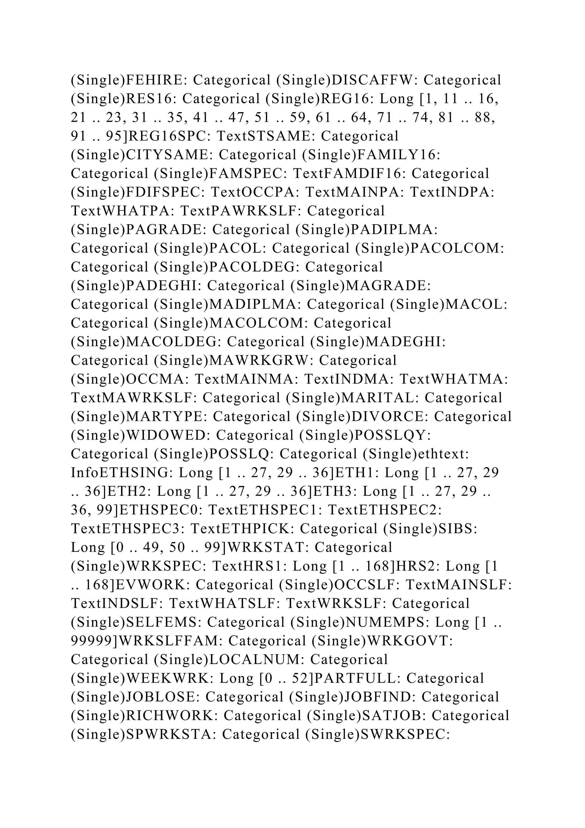 (Single)FEHIRE: Categorical (Single)DISCAFFW: Categorical
(Single)RES16: Categorical (Single)REG16: Long [1, 11 .. 16,
21 .. 23, 31 .. 35, 41 .. 47, 51 .. 59, 61 .. 64, 71 .. 74, 81 .. 88,
91 .. 95]REG16SPC: TextSTSAME: Categorical
(Single)CITYSAME: Categorical (Single)FAMILY16:
Categorical (Single)FAMSPEC: TextFAMDIF16: Categorical
(Single)FDIFSPEC: TextOCCPA: TextMAINPA: TextINDPA:
TextWHATPA: TextPAWRKSLF: Categorical
(Single)PAGRADE: Categorical (Single)PADIPLMA:
Categorical (Single)PACOL: Categorical (Single)PACOLCOM:
Categorical (Single)PACOLDEG: Categorical
(Single)PADEGHI: Categorical (Single)MAGRADE:
Categorical (Single)MADIPLMA: Categorical (Single)MACOL:
Categorical (Single)MACOLCOM: Categorical
(Single)MACOLDEG: Categorical (Single)MADEGHI:
Categorical (Single)MAWRKGRW: Categorical
(Single)OCCMA: TextMAINMA: TextINDMA: TextWHATMA:
TextMAWRKSLF: Categorical (Single)MARITAL: Categorical
(Single)MARTYPE: Categorical (Single)DIVORCE: Categorical
(Single)WIDOWED: Categorical (Single)POSSLQY:
Categorical (Single)POSSLQ: Categorical (Single)ethtext:
InfoETHSING: Long [1 .. 27, 29 .. 36]ETH1: Long [1 .. 27, 29
.. 36]ETH2: Long [1 .. 27, 29 .. 36]ETH3: Long [1 .. 27, 29 ..
36, 99]ETHSPEC0: TextETHSPEC1: TextETHSPEC2:
TextETHSPEC3: TextETHPICK: Categorical (Single)SIBS:
Long [0 .. 49, 50 .. 99]WRKSTAT: Categorical
(Single)WRKSPEC: TextHRS1: Long [1 .. 168]HRS2: Long [1
.. 168]EVWORK: Categorical (Single)OCCSLF: TextMAINSLF:
TextINDSLF: TextWHATSLF: TextWRKSLF: Categorical
(Single)SELFEMS: Categorical (Single)NUMEMPS: Long [1 ..
99999]WRKSLFFAM: Categorical (Single)WRKGOVT:
Categorical (Single)LOCALNUM: Categorical
(Single)WEEKWRK: Long [0 .. 52]PARTFULL: Categorical
(Single)JOBLOSE: Categorical (Single)JOBFIND: Categorical
(Single)RICHWORK: Categorical (Single)SATJOB: Categorical
(Single)SPWRKSTA: Categorical (Single)SWRKSPEC:
 